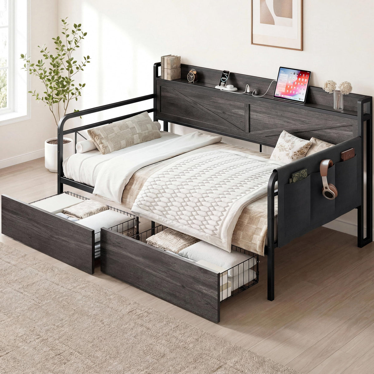LIKIMIO Twin Daybed with Farmhouse Storage Headboard
