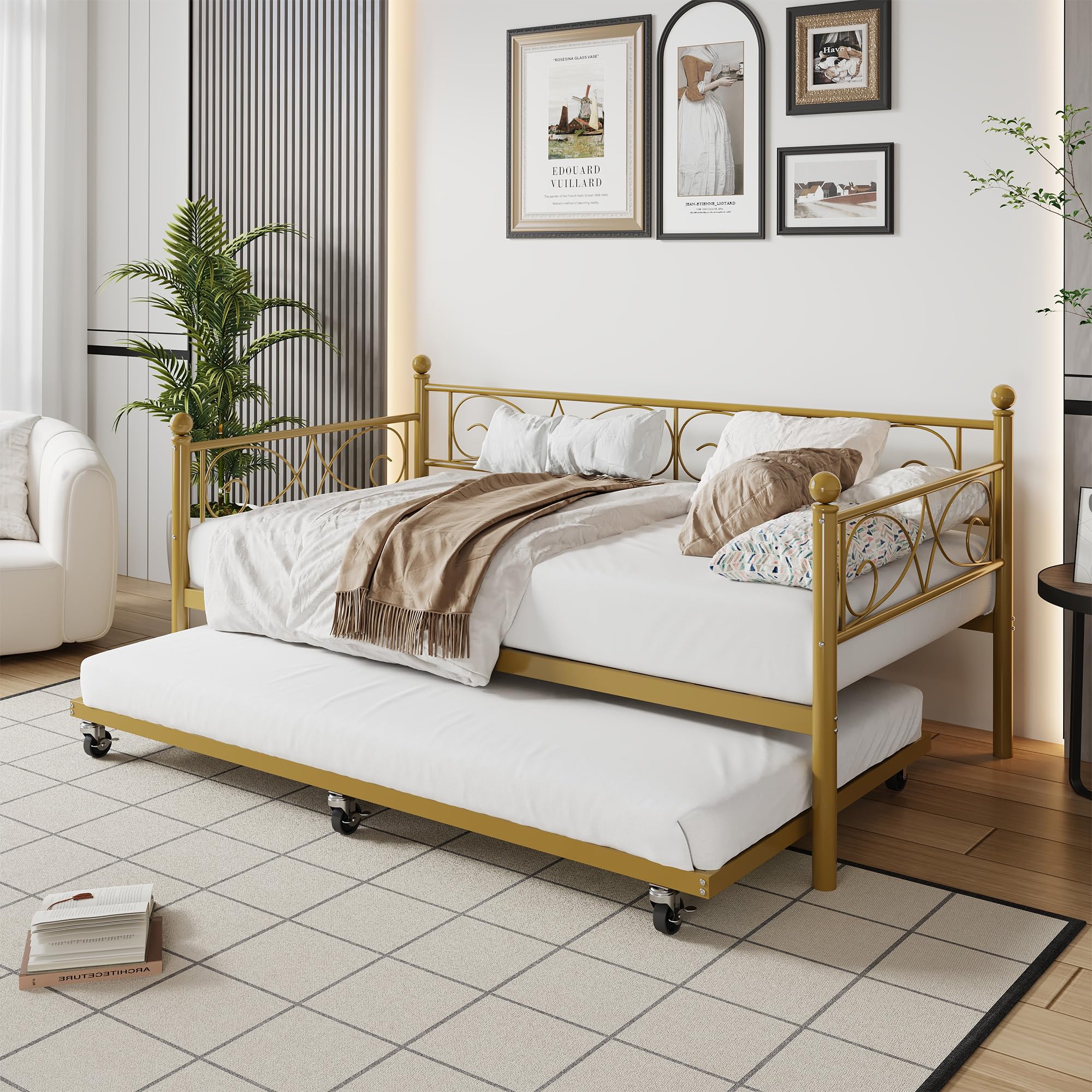 IDEALHOUSE Twin Daybed with Trundle, Metal Trundle Bed, Sofa Bed Frame, Heavy Duty Metal Slats, for Living Room, Bedroom, Guest Room, Space Saving, Gold