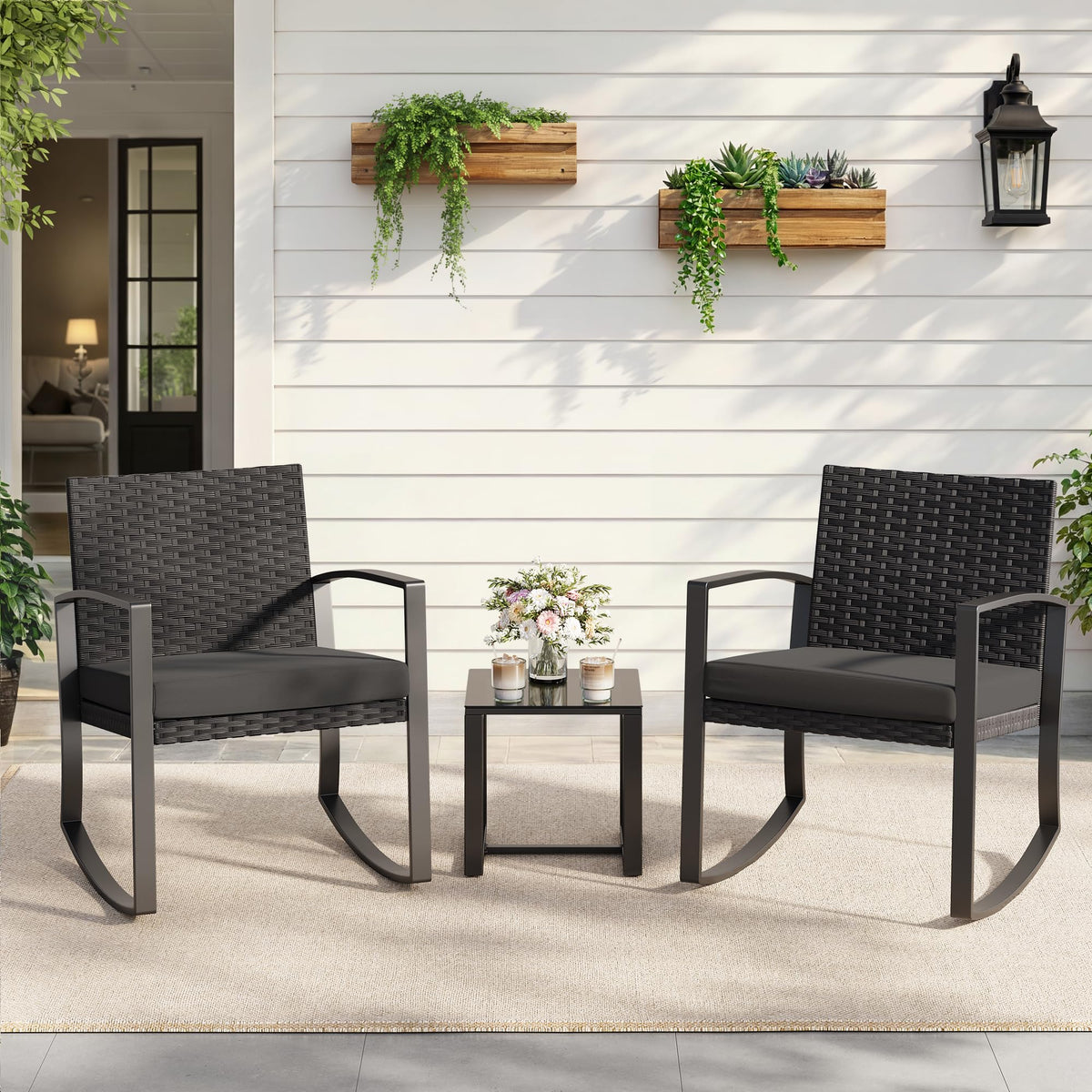 Qsun 3 Pieces Patio Furniture Set Rocking Bistro Set, Outdoor Patio Furniture Set with Coffee Table for Garden Balcony Backyard Poolside (Black Cushion)