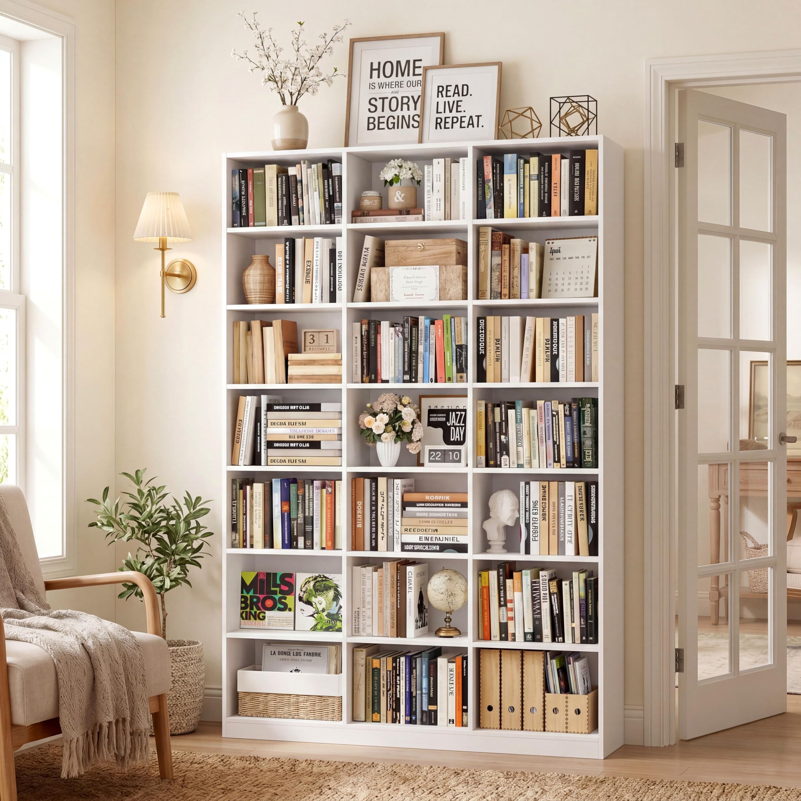HOSTACK 86" H Triple Wide Bookshelf and Bookcase, 7 Tier Tall Bookshelf with Storage, Large Bookcase with 21 Open Display Storage Shelves, Wood Book Shelf Media CD DVD Storage for Living Room, White
