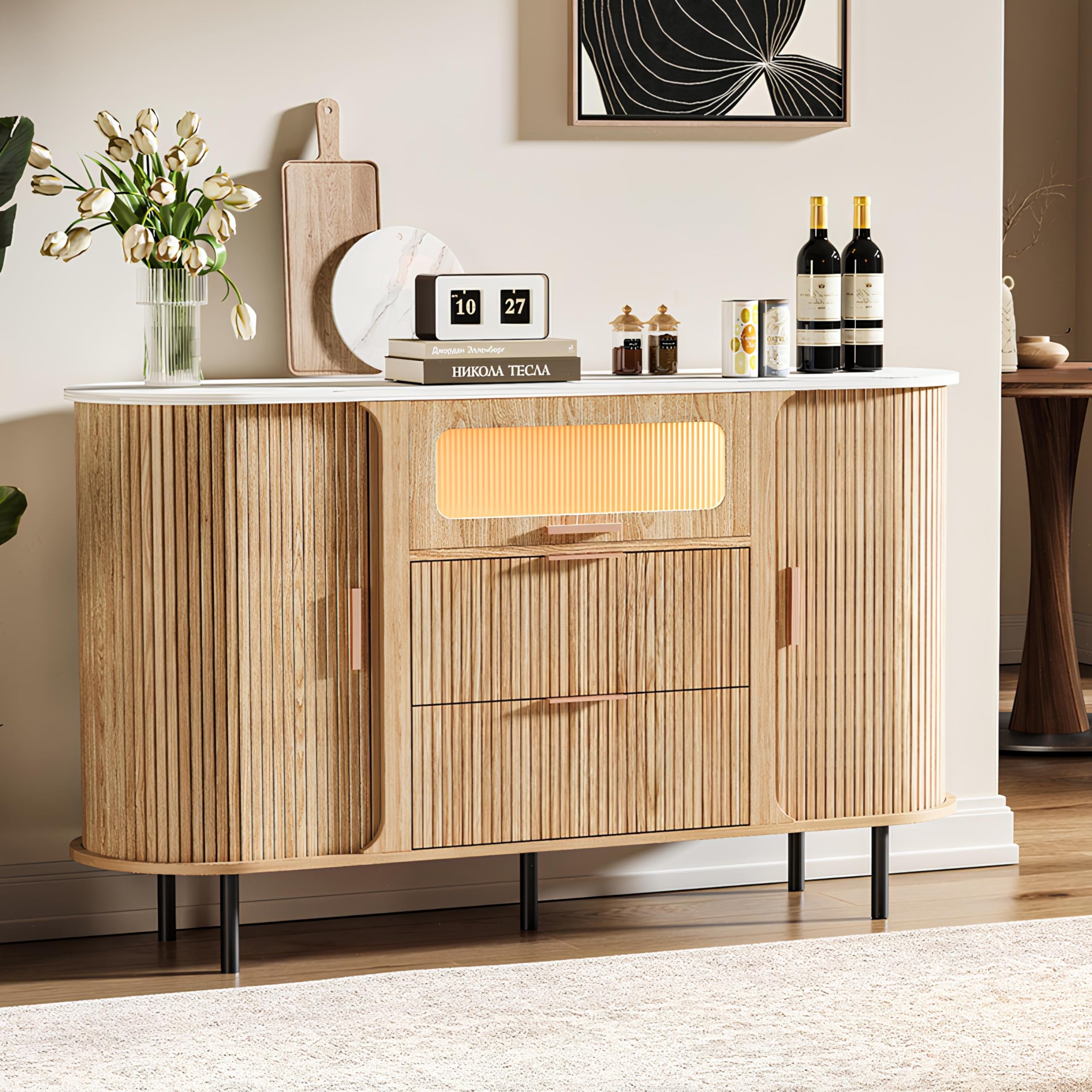 Cychuily 54" Fluted Sideboard Buffet Cabinet with Storage, Mid Century Coffee Bar with LED Light & Slide Doors, 2 Drawers, Modern Storage Cabinet for Kitchen, Living Room, Faux White Marble Top, Oak
