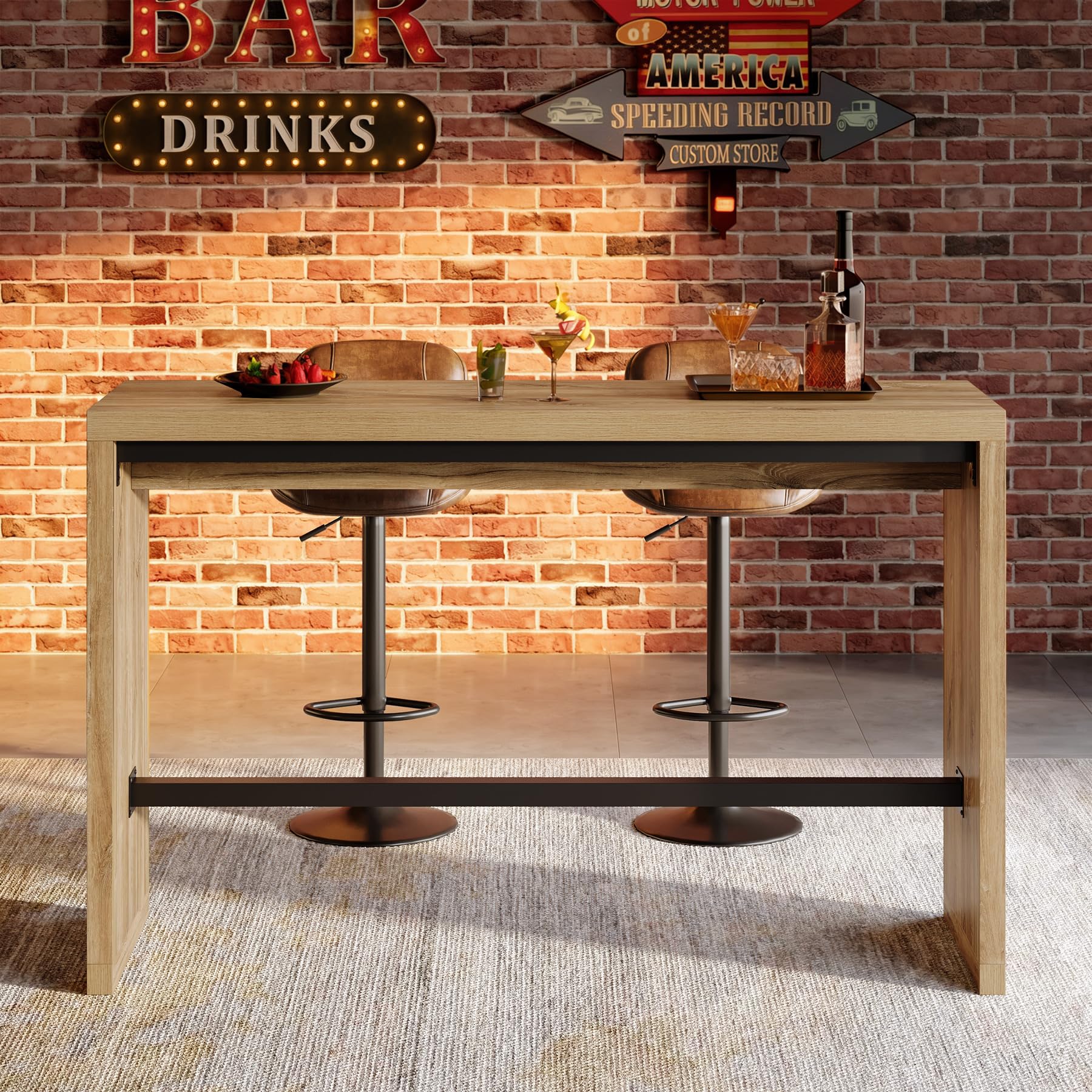 Tribesigns Bar Table, 55-Inch Counter Height Pub Table with Metal Footrest, Rectangular High Top Counter Dining Furniture for Home Bar, Kitchen, Dining Room, Bistro, Living Room, Rustic Brown