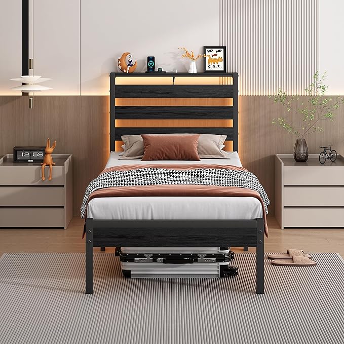 Metal Platform Bed Frame with Headboard, LED Lights & USB Charging