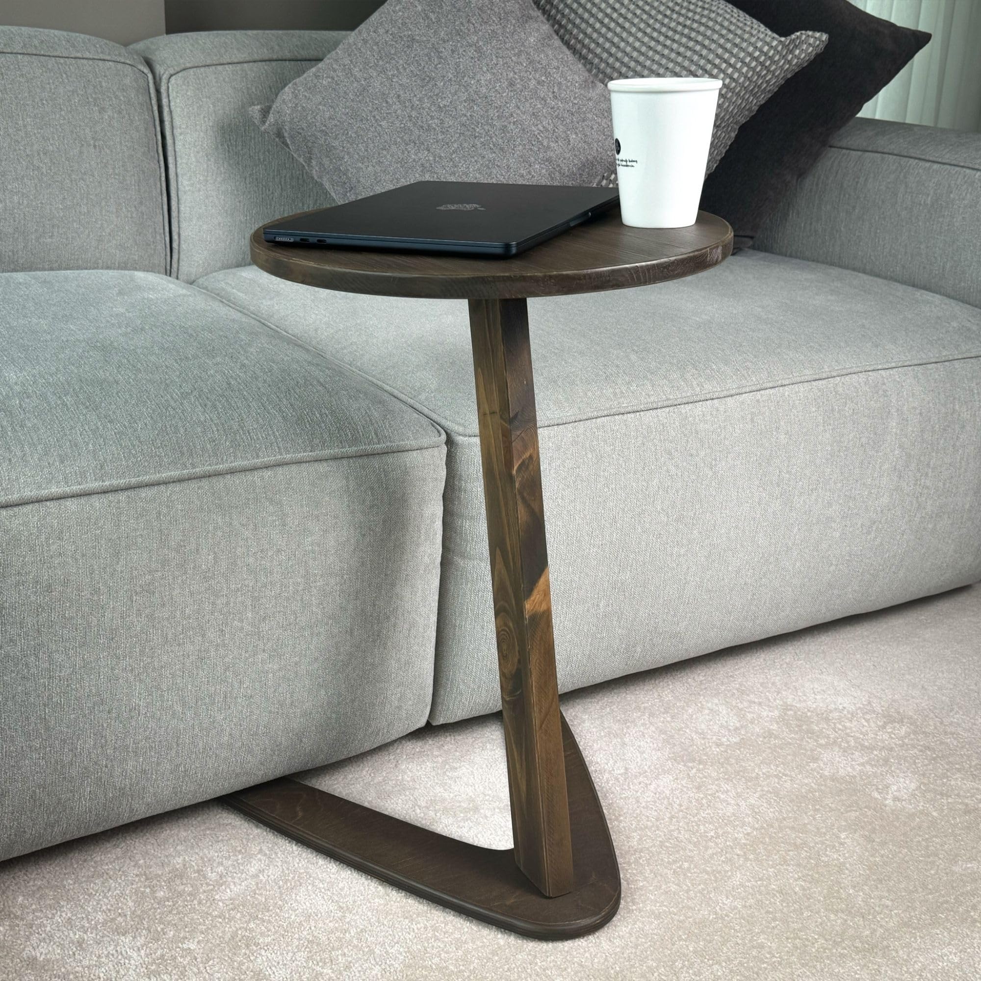 GENESIS WOODESIGN C-Shaped Handmade Solid Wood End Table, Side Table for Couches, Sofa Tables Slide Under Couch for Living Room, Over Couch TV Tray Table for Small Spaces (Medium, Dark Walnut)