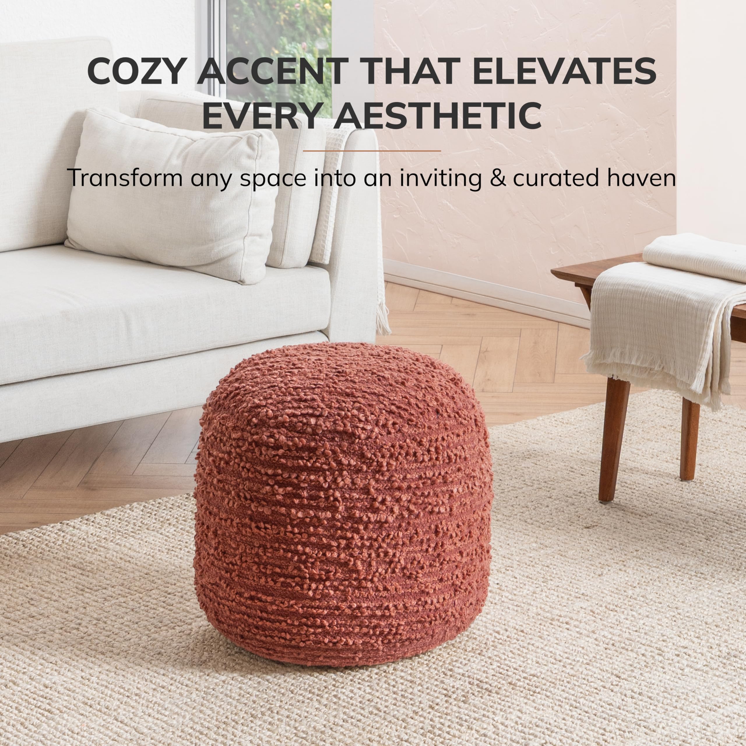Anji Mountain Pouf Ottoman Foot Rest, Handmade Ottoman Pouf, Comfortable Foot Stool, Decorative Floor Seating for Living Room Decor, Bedroom & Home Décor Accent - Terracotta