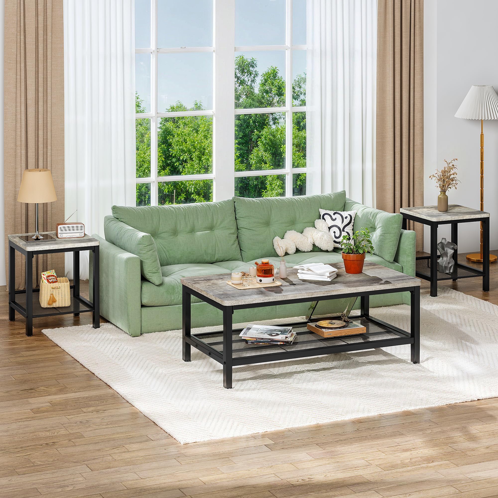 Industrial 3-Piece Coffee Table Set with 2 End Tables