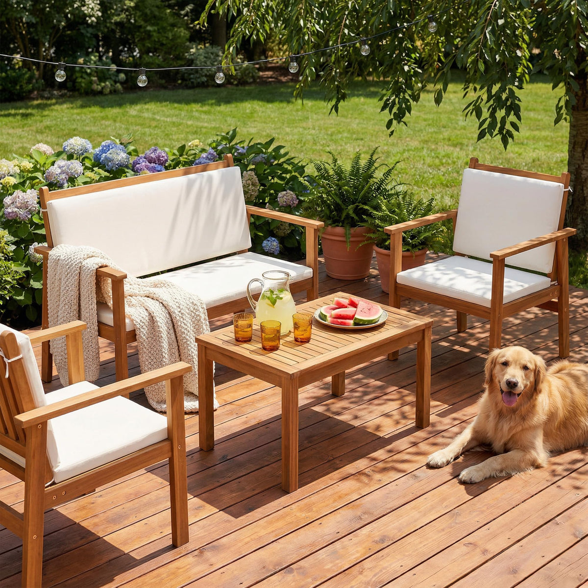 Devoko 4 Piece Patio Furniture Set Acacia Wood Backyard Furniture (Natural)