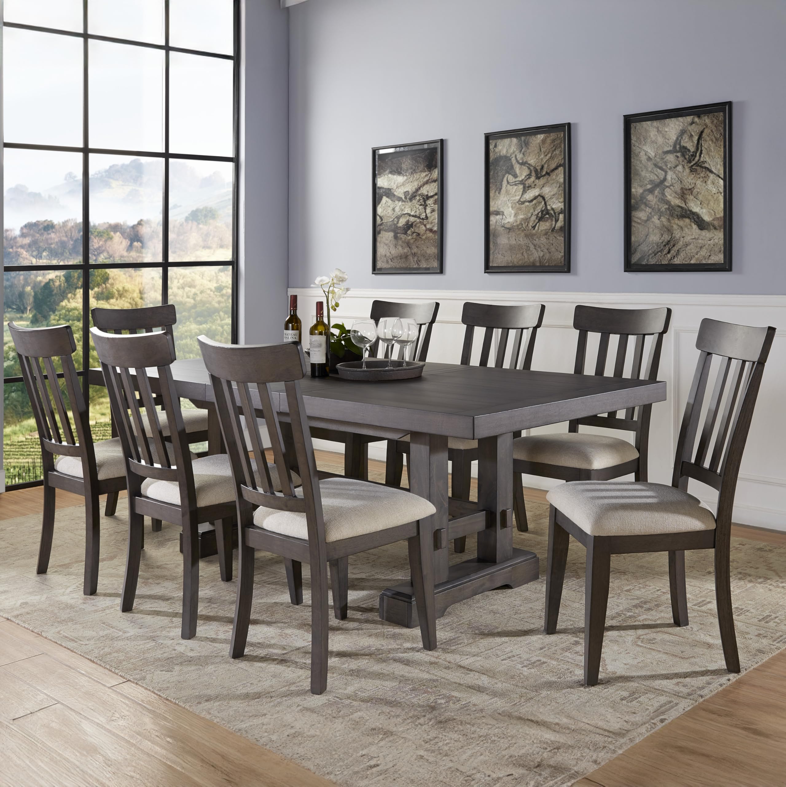Steve Silver Furniture Napa 9pc Dining Table Set, 72"-90"-108" Dining Table w/ 2-18" Leaves, 8 Upholstered Side Dining Chairs, Farmhouse Design, Dining Room, 72" L x 42" W x 30.5" H, Brown