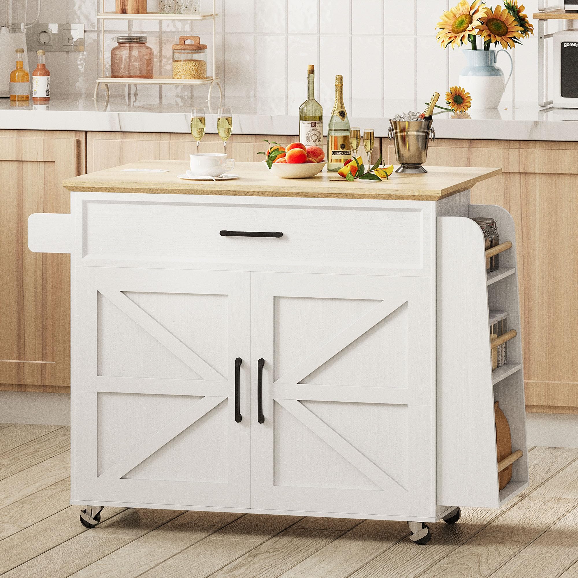 Kitchen Island Cart with Power Outlet & Drop Leaf