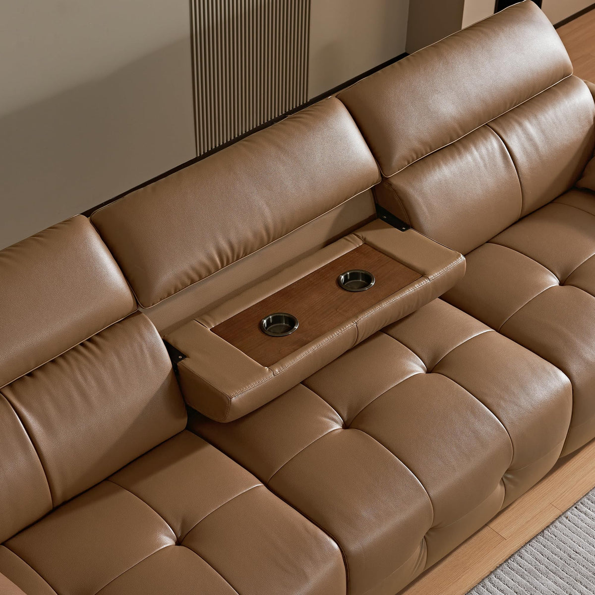 Genuine Leather Sofa with Adjustable Headrests, 122" Modern Modular Sectional Couch with Drop-Down Cup Holder Console, 3-Seater Leather Couches with Solid Wood Frame for Living Room, Office, Brown