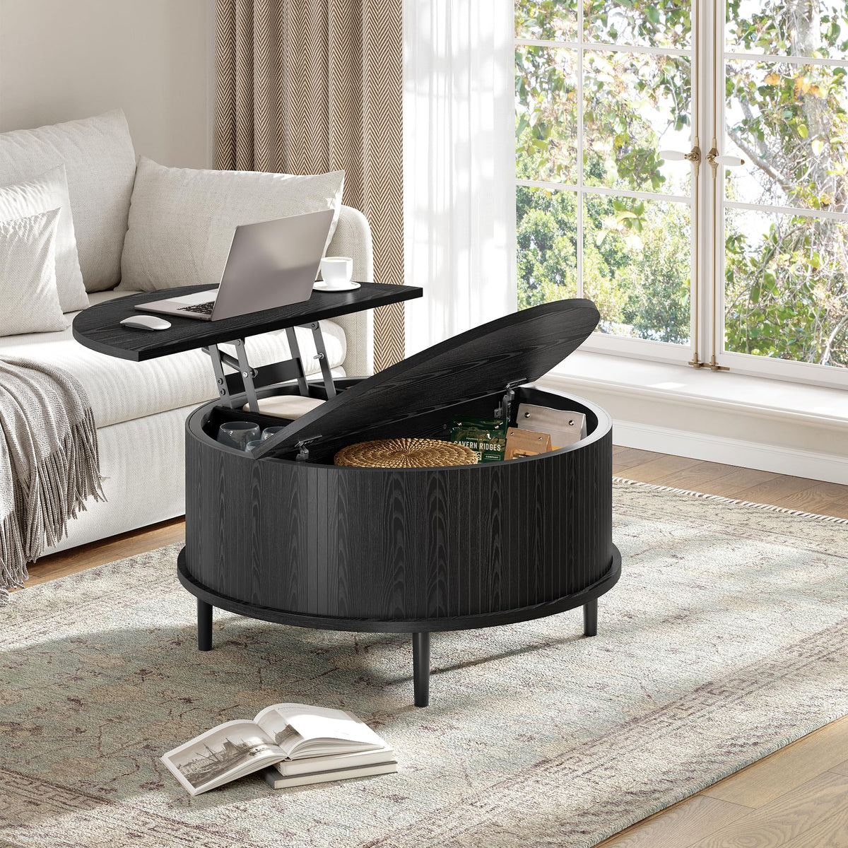 Garvee Round Coffee Table with Storage, 31.5" Lift Top Center Table, Black