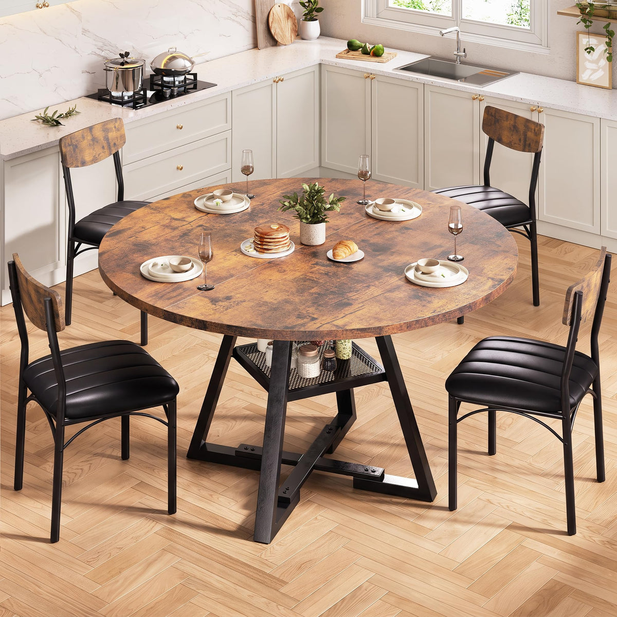 Dining Table Set for 4,Kitchen Table and Chairs for 4, Round Dining Room Table with Upholstered Chairs, 5 Piece Space Saving Circle Wood Kitchen & Dining Room Dinner Dinette Table Set (Vintage, 42In)