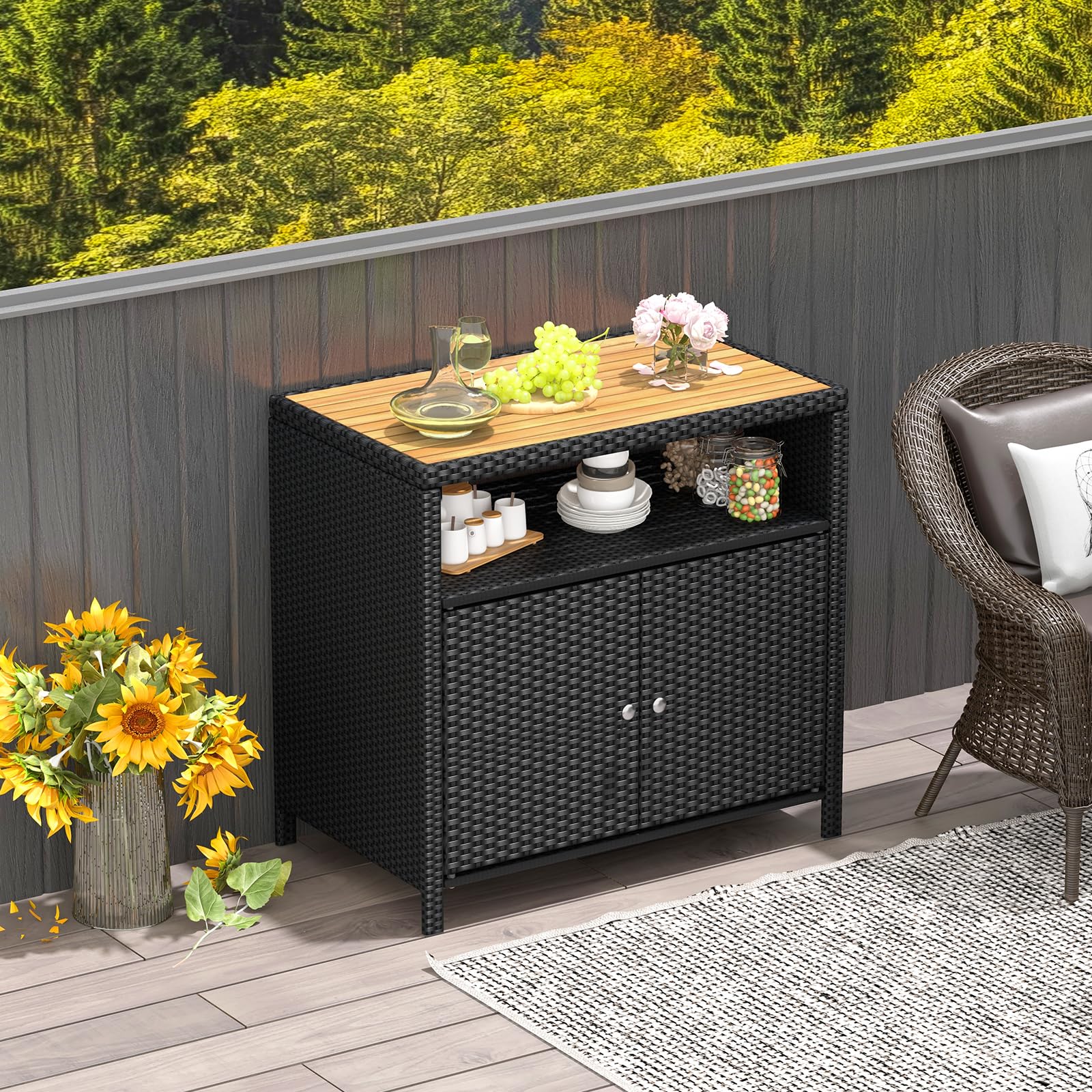 Rattan Outdoor Storage Cabinet with Acacia Wood Top