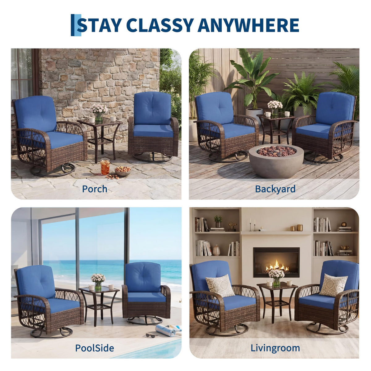 SLEKVERSA 3-Piece Swivel Bistro Patio Set – All-Weather Wicker Chairs with Tempered Glass Table & Thick Blue Cushions for Garden, Balcony, Deck – Brown Gradient Rattan + Blue Cushion