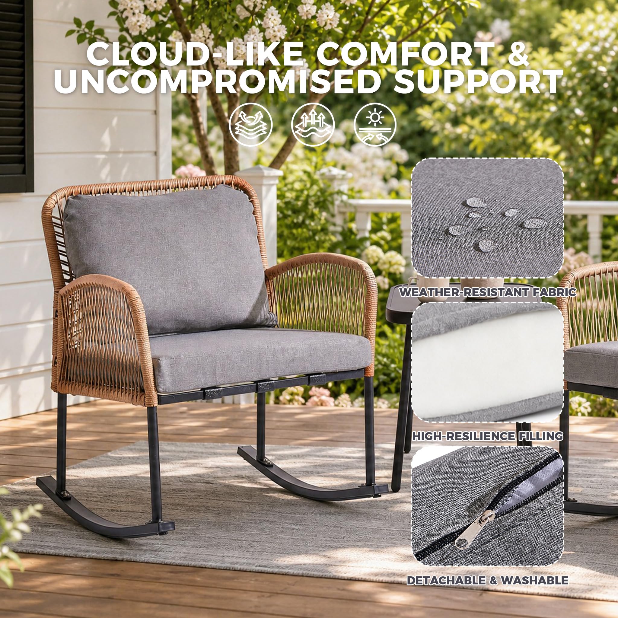 PAZDQ 3-Piece Patio Rocking Bistro Set, Outdoor Hand-Woven PE Wicker Furniture, All-Weather Rattan Bistro Sets & Minimalist Side Table for Porch, Garden, Backyard, Grey