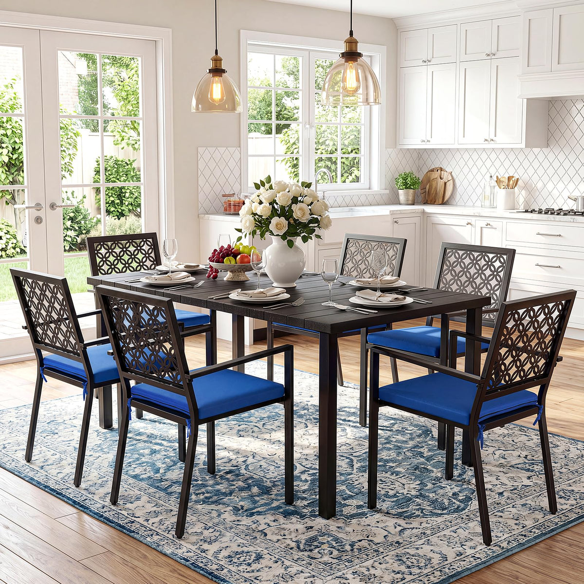 7 Piece Outdoor Dining Set with 6 Dining Chairs for Deck Garden Poolside