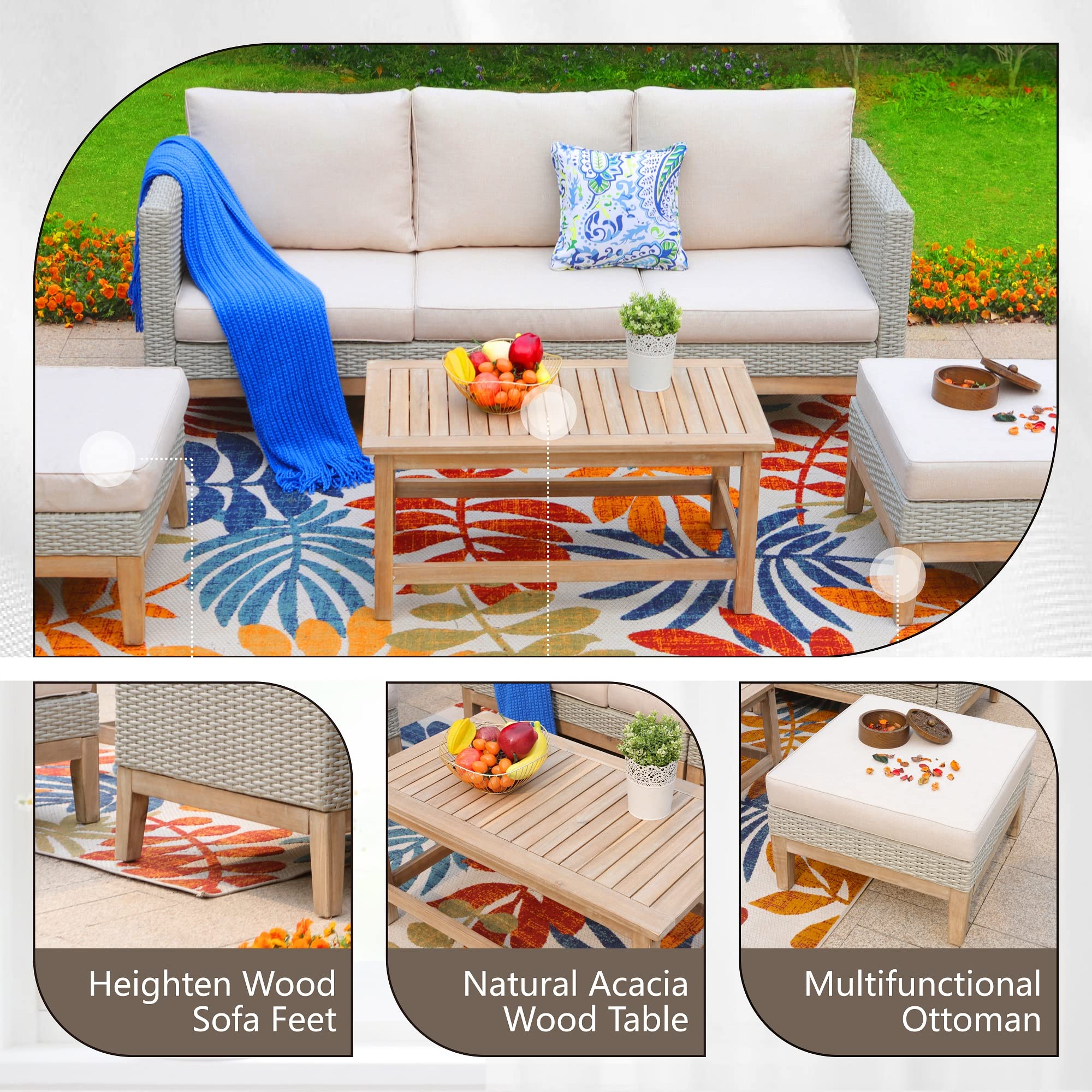 5-Piece High-Back Wicker Sectional Sofa Set with Acacia Wood Coffee Table