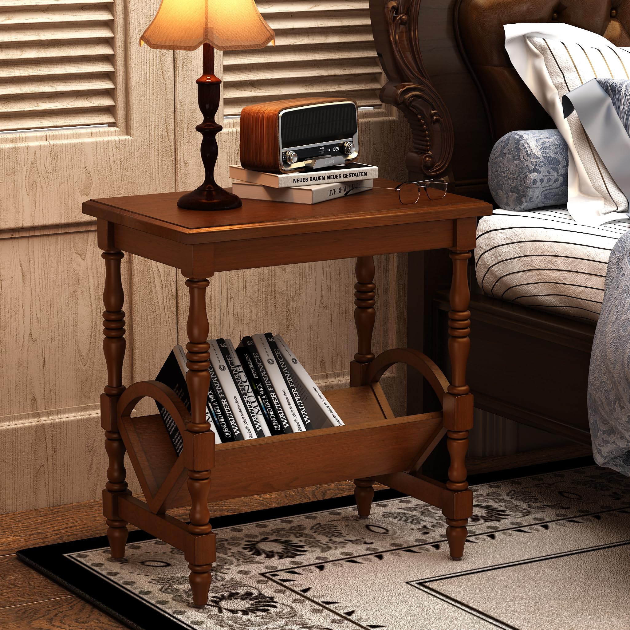 LKTART Wood End Table, Vintage Sofa Side Table with Magazine Rack and Rubberwood Legs, Bedside Table with Birch Wood Veneer Finish for Living Room Bedroom Small Space Home Office (Cherry)