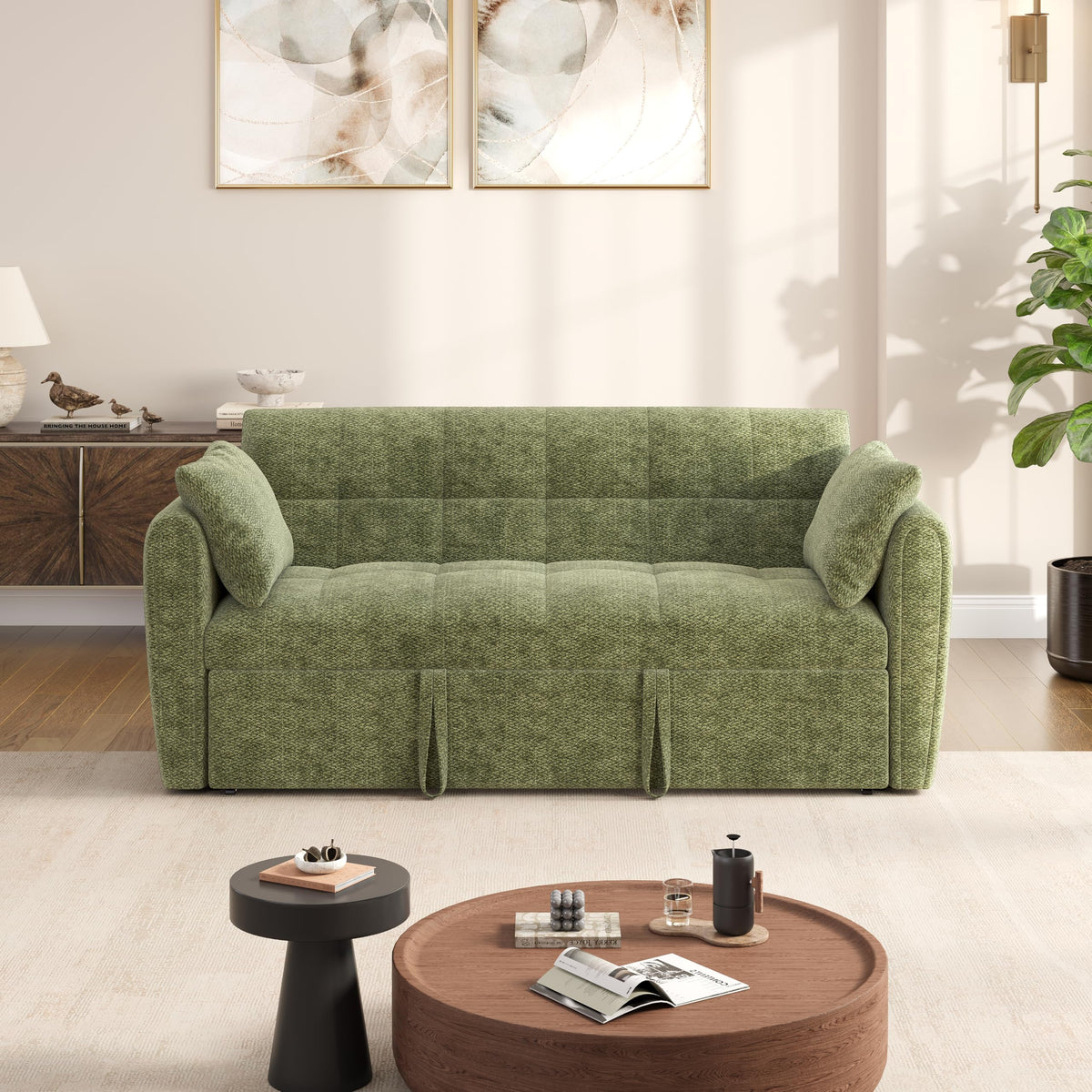 KEIKI 65" Velvet Futon Sofa Bed, 3-in-1 Convertible Sleeper Couch with Adjustable Backrest, 2 Pillows and 500 lb Wood Frame for Home Office, Apartment, Guest Room, Studio and Small Multipurpose Spaces