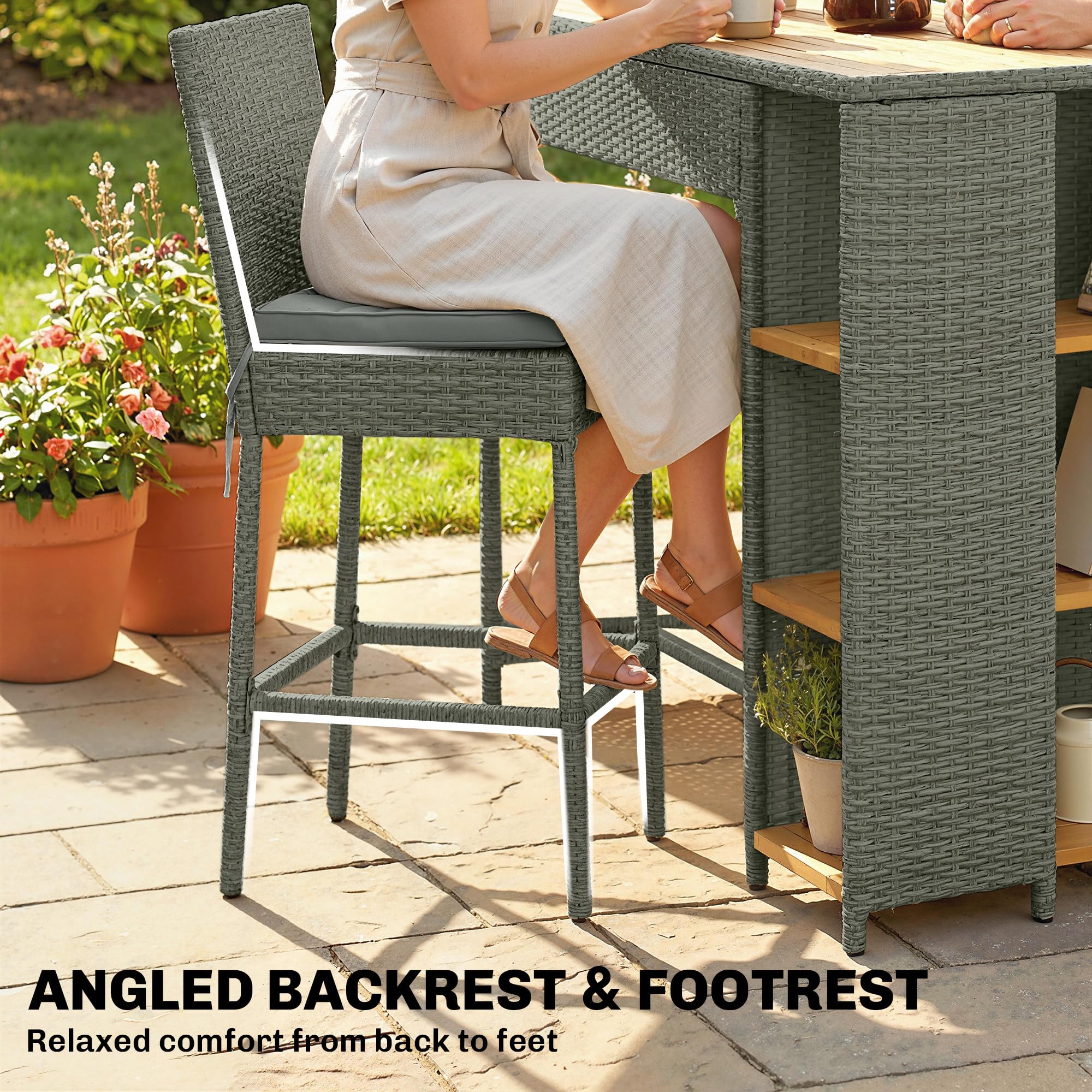 Outsunny 5 Piece Outdoor Bar Set, Wicker Outdoor High Top Table and Chairs, 3 Tier Shelves, Acacia Wood Bar Height Patio Set, 4 Barstools with Cushions, Back, Footrest for Garden, Backyard, Gray