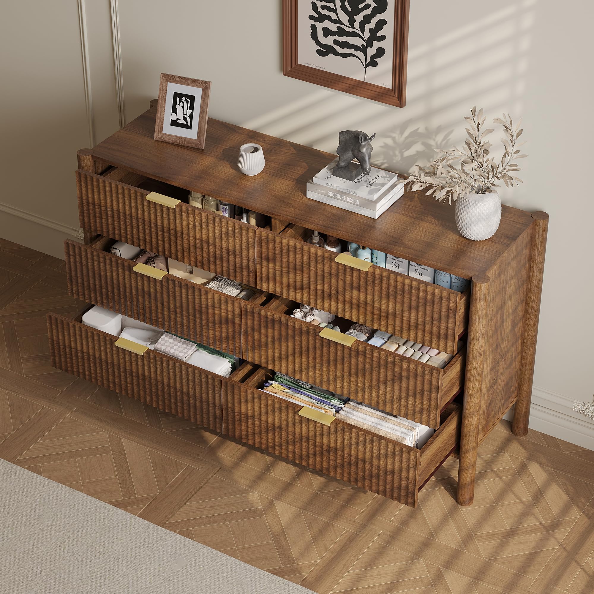 CHUWELL Fluted Walnut Dresser for Bedroom, 55.1" Wide Mid Century Modern Chest of Drawers with 4 Solid Wood Cylindrical Legs & Gold Metal Handles, 6 Drawer Large Dresser for Bedroom
