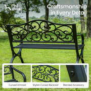 PHI VILLA 50-Inch Cast Iron Steel Frame Garden Bench Outdoor Patio Bench Chair w/Floral Design Backrest, Slatted Seat for Park, Yard & Porch, Black