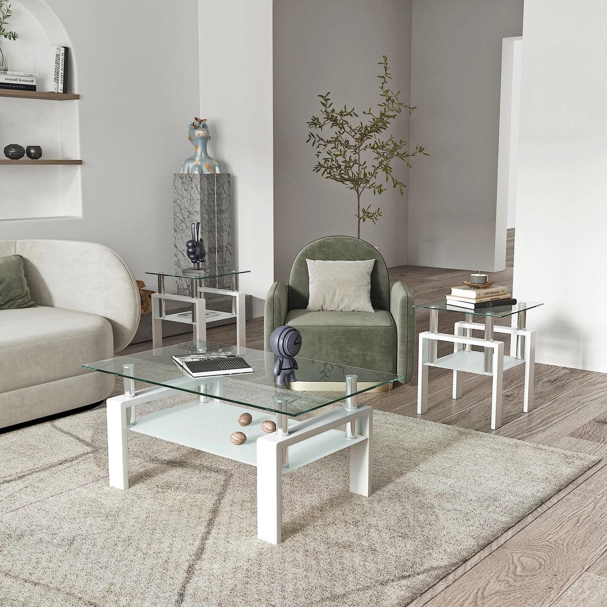 TIOPLY Living Room Tables Set,3 Piece Glass Coffee Table and End Tables Set for Living Room, Coffee Table Set with Tempered Glass Tabletop and Metal Frame for Apartment, Small Space, White