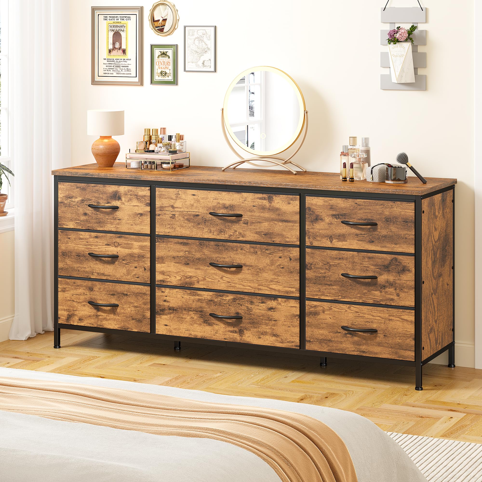 EnHomee Dresser for Bedroom, 9 Drawers Dresser TV Stand for 55, 60 Inch TV, Large Entertainment Center, Wide Chest of Drawers for Closet, Living Room, Rustic Brown