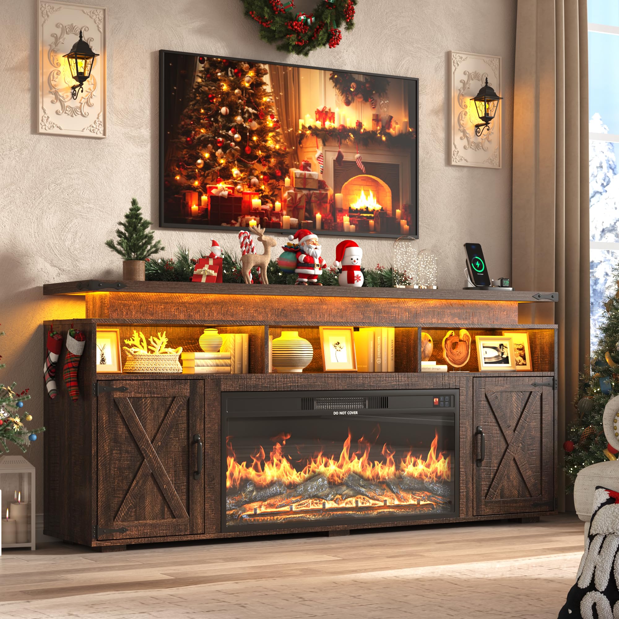 70" Fireplace TV Stand with Electric Fireplace & Storage