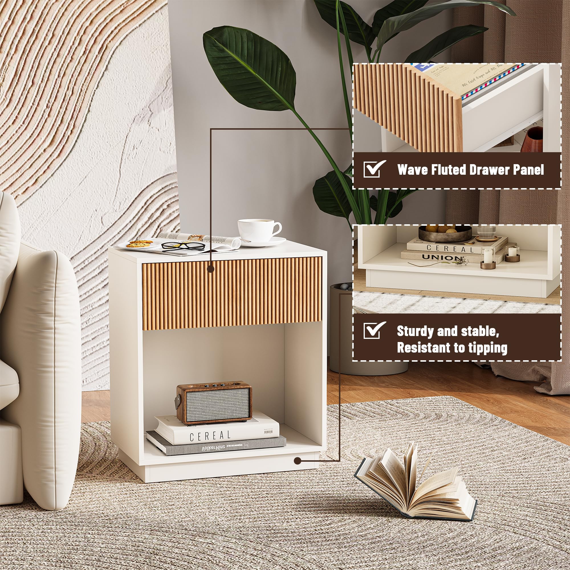 Fluted Nightstand Set of 2 with Drawer & Storage Shelf