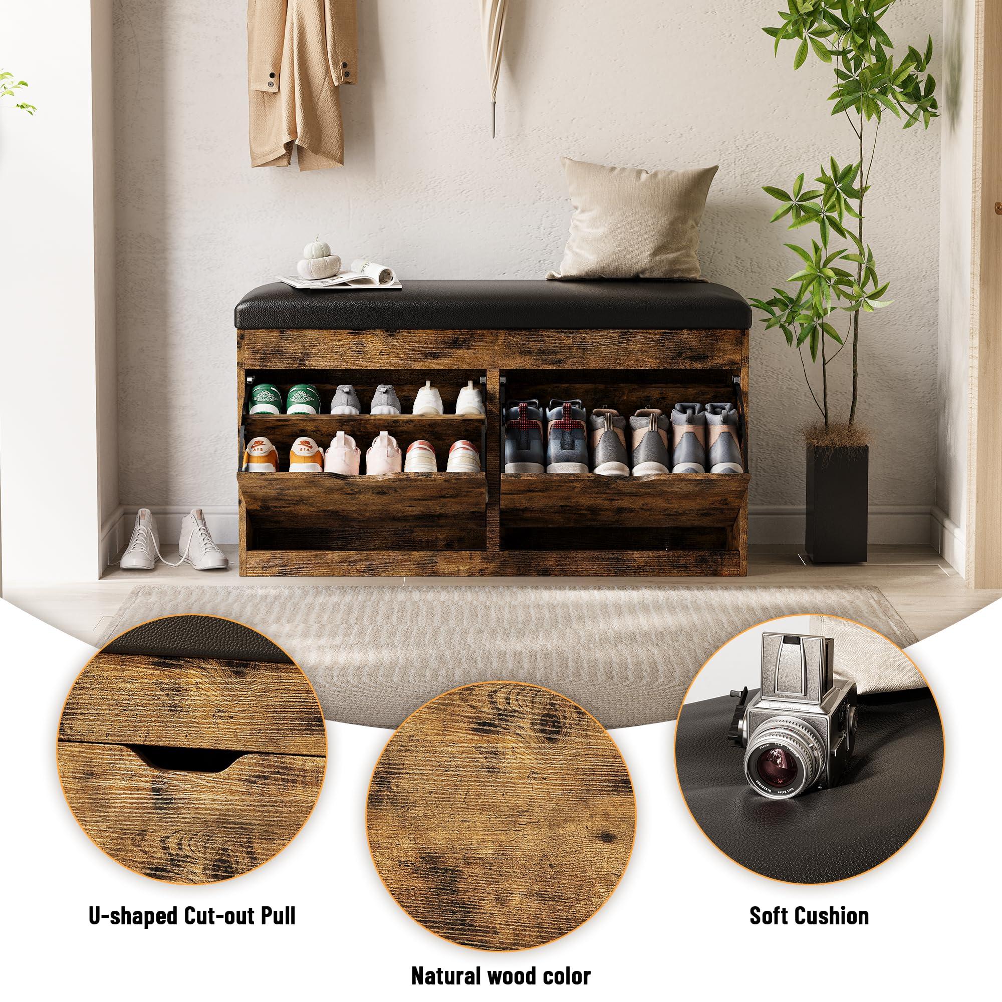 Entryway Shoe Storage Bench with Flip Drawers & Padded Seat