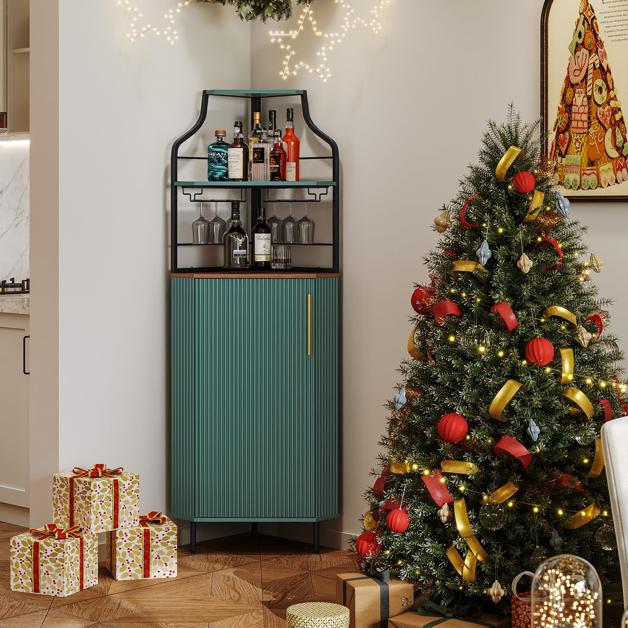 ARTPOWER Corner Bar Cabinet with LED Strip, 4-Tiers Modern Corner Coffee Bar with Glass Holder, Fluted Tall Liquor Cabinet for Kitchen, Dining Room, Living Room, Green