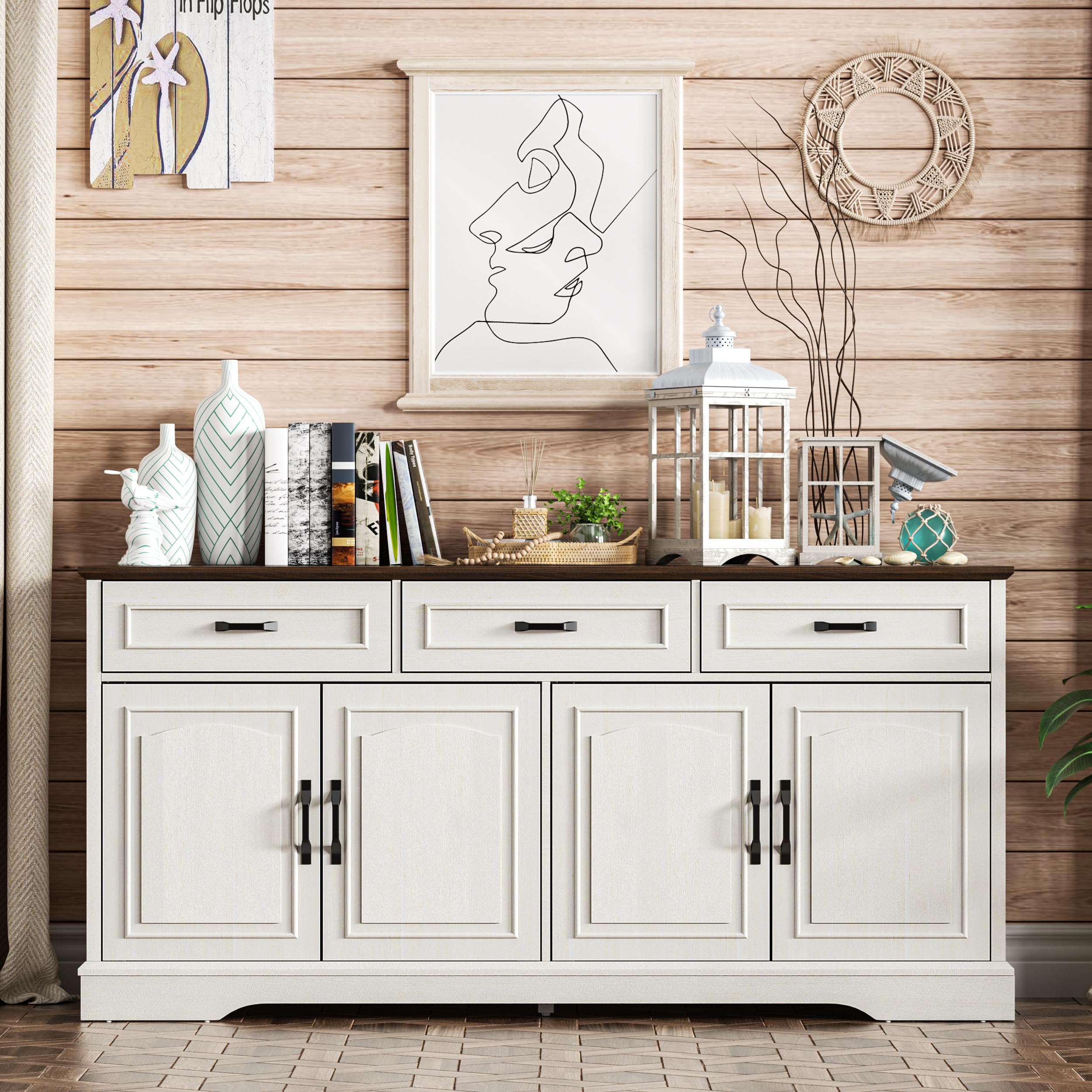 TRONLEE 66" Large Sideboard Buffet Cabinet with Storage, Farmhouse Buffet Table Coffee Bar Wine Bar Kitchen Storage Cabinet with Drawers for Dining Room, Living Room, White & Walnut