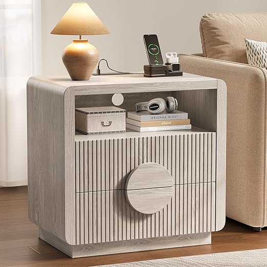 Fluted Nightstand with Charging Station & Storage