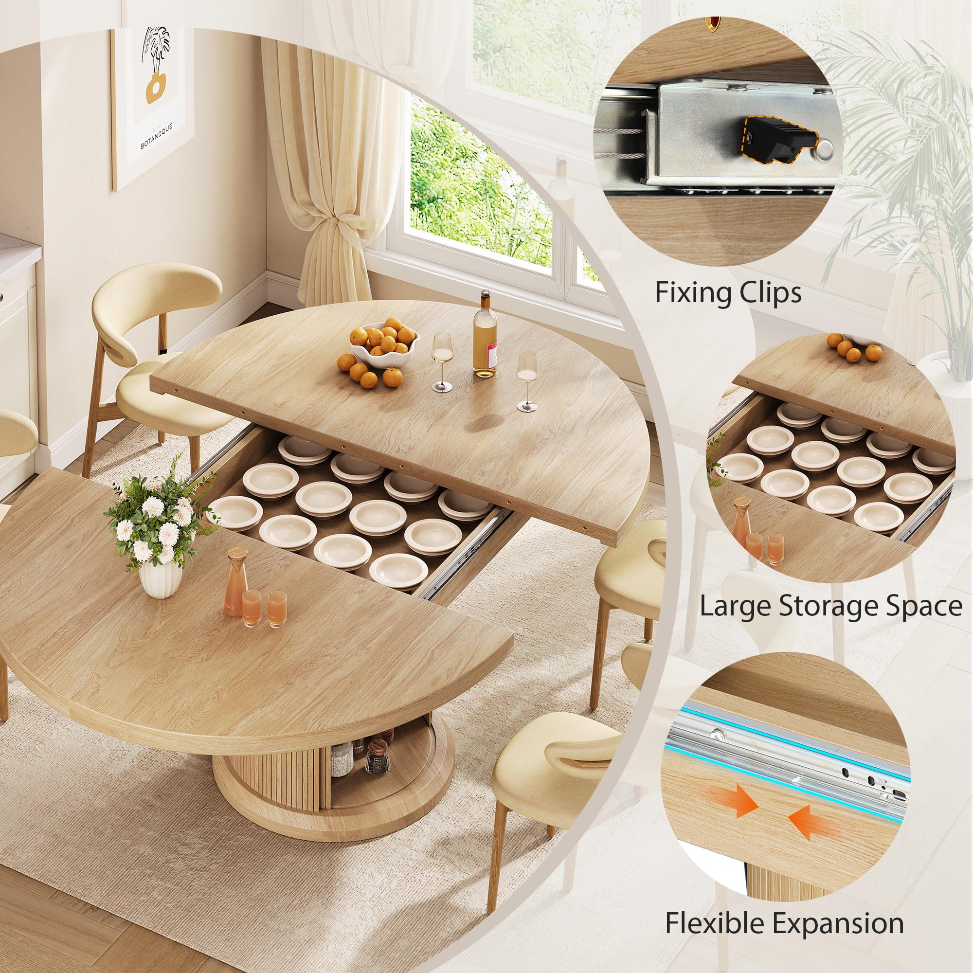Extendable Round Dining Table 47"-63" with 2-Tier Storage Shelf