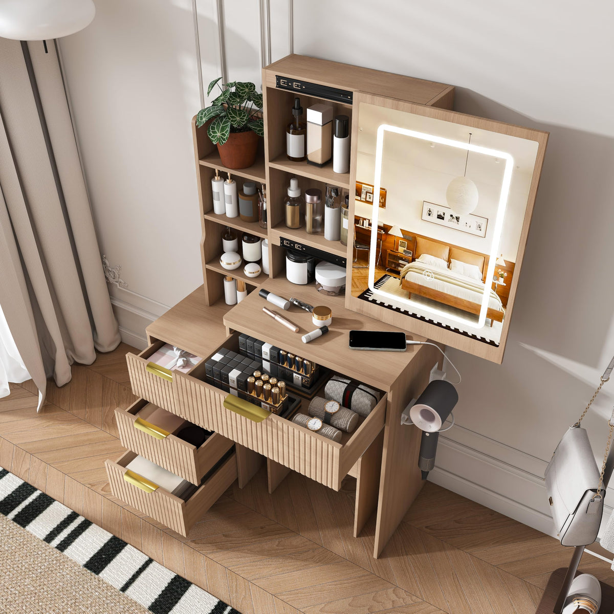 Fluted Vanity Desk with Mirror and Lights, Small Makeup Vanity (Walnut)