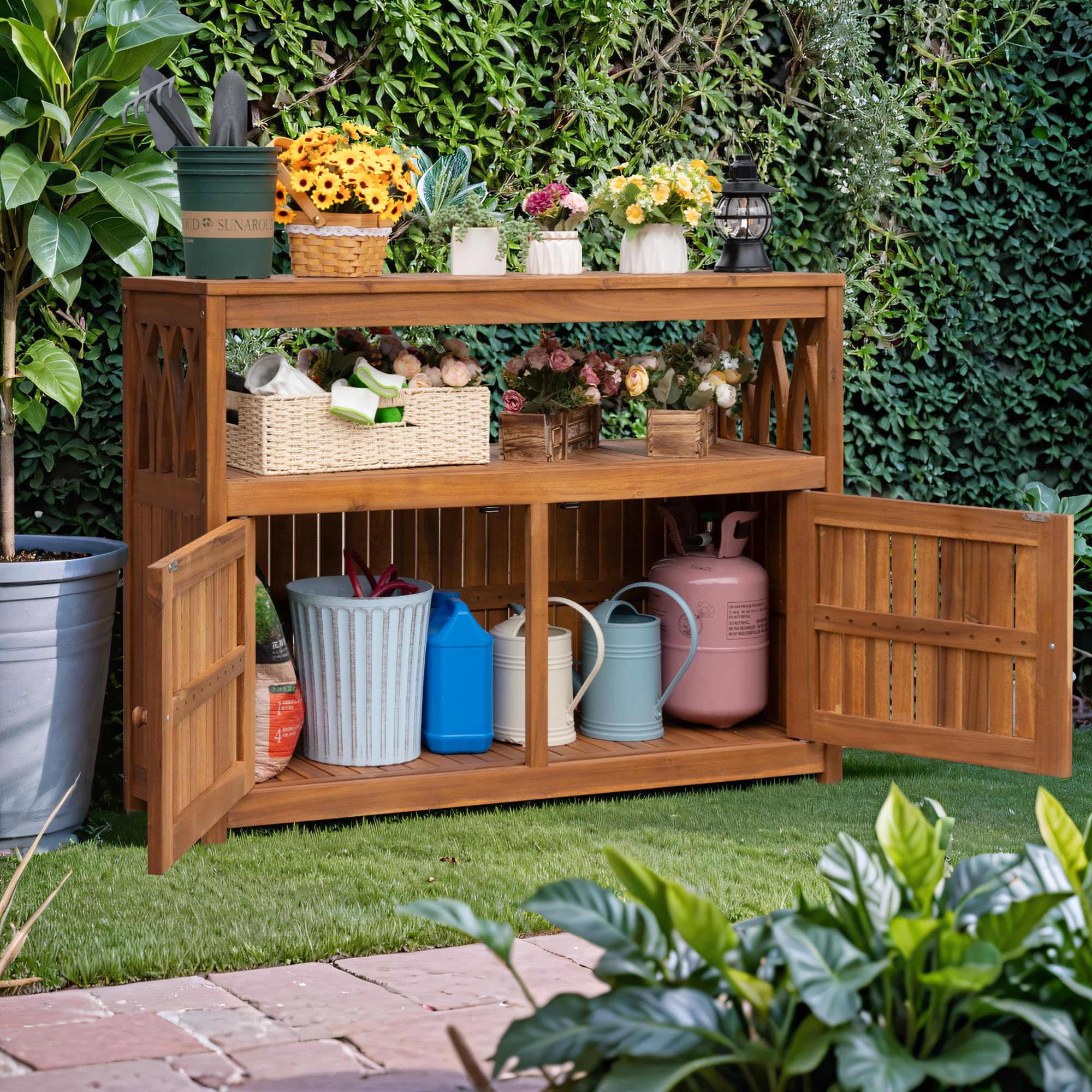 2-Tier Acacia Wood Outdoor Storage Cabinet with Magnetic Doors