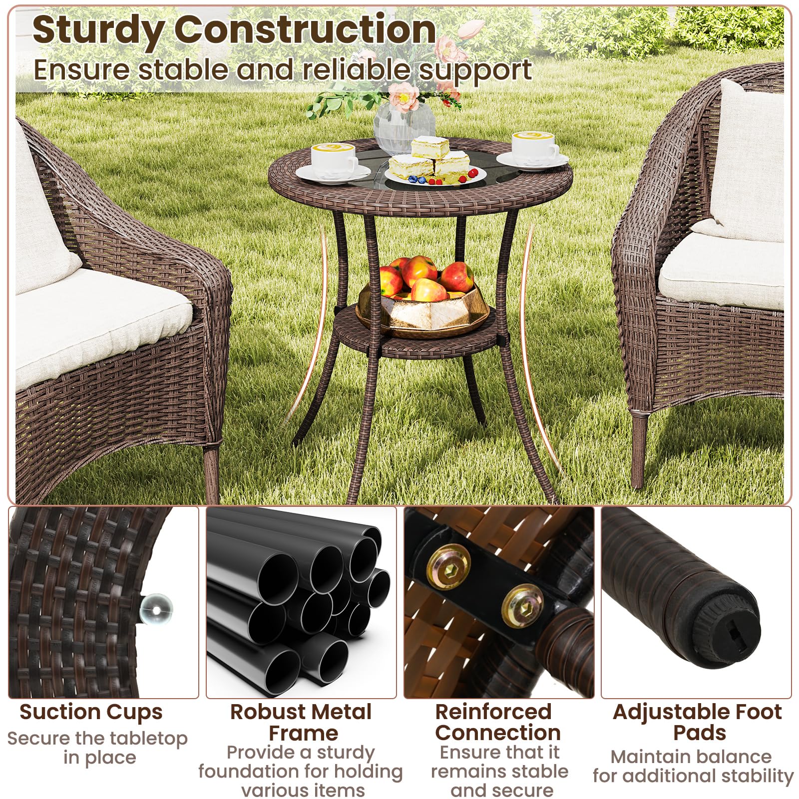 Round Wicker Patio Side Table with Tempered Glass Top & Storage Shelf