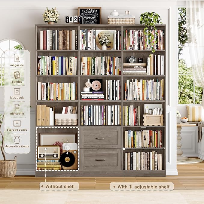 Triple-Wide Bookcase with Drawers & Doors
