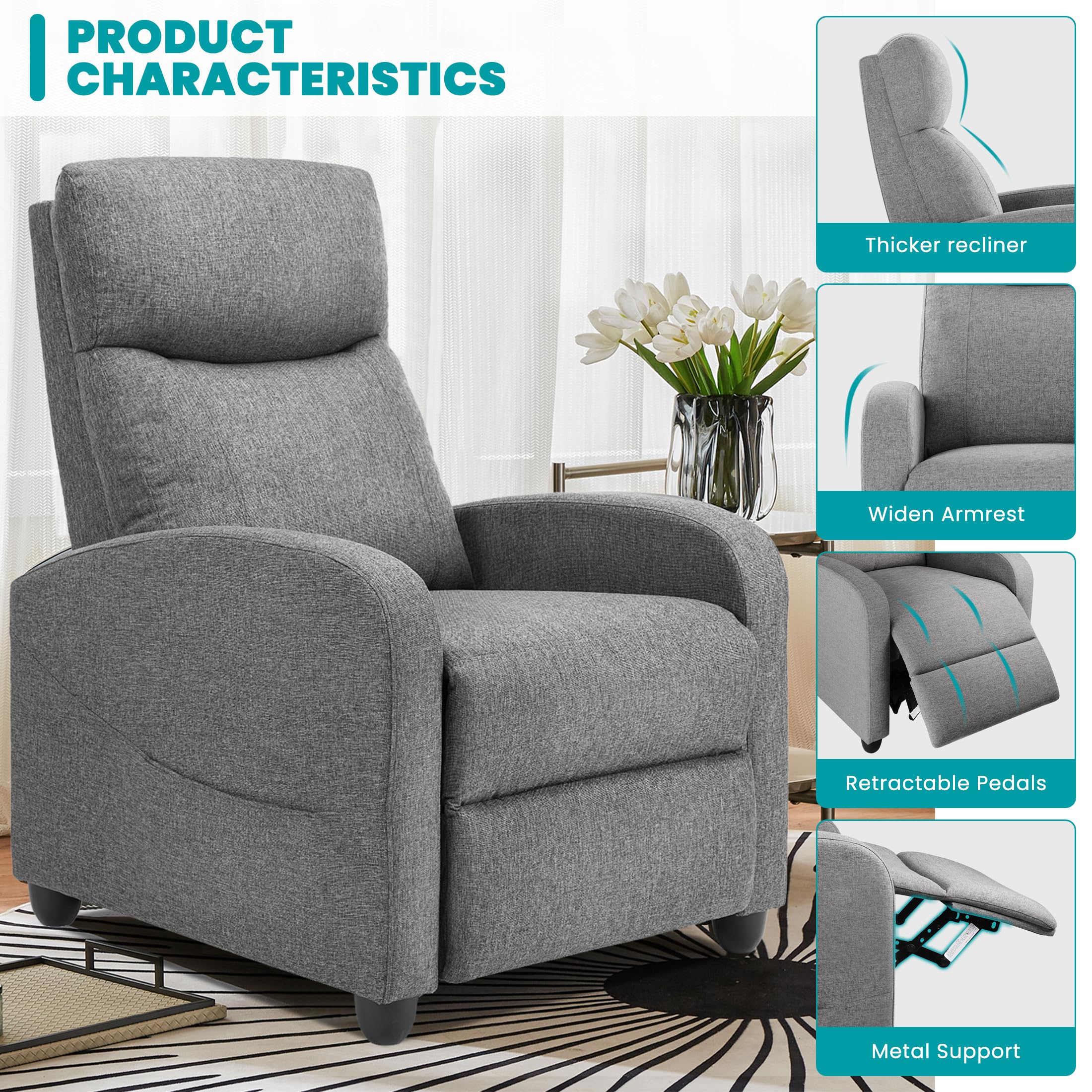 Sweetcrispy Recliner Chair Fabric Recliner Sofa No Massage, Home Theater Seating with Lumbar Support, Adjustable Push Back Overstuffed High-Density Sponge Reclining for Living Room, Grey