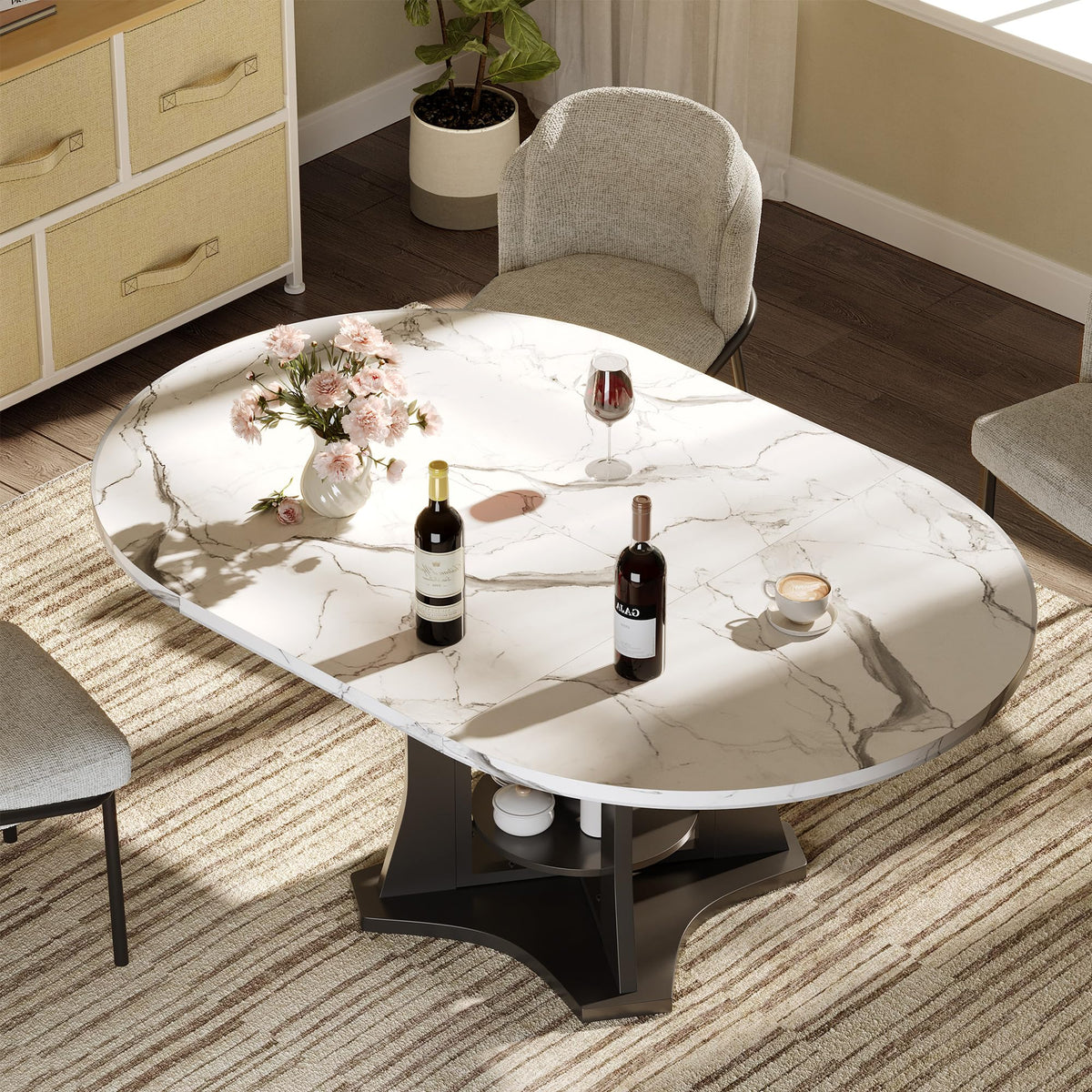 White Marble-Look Extendable Dining Table