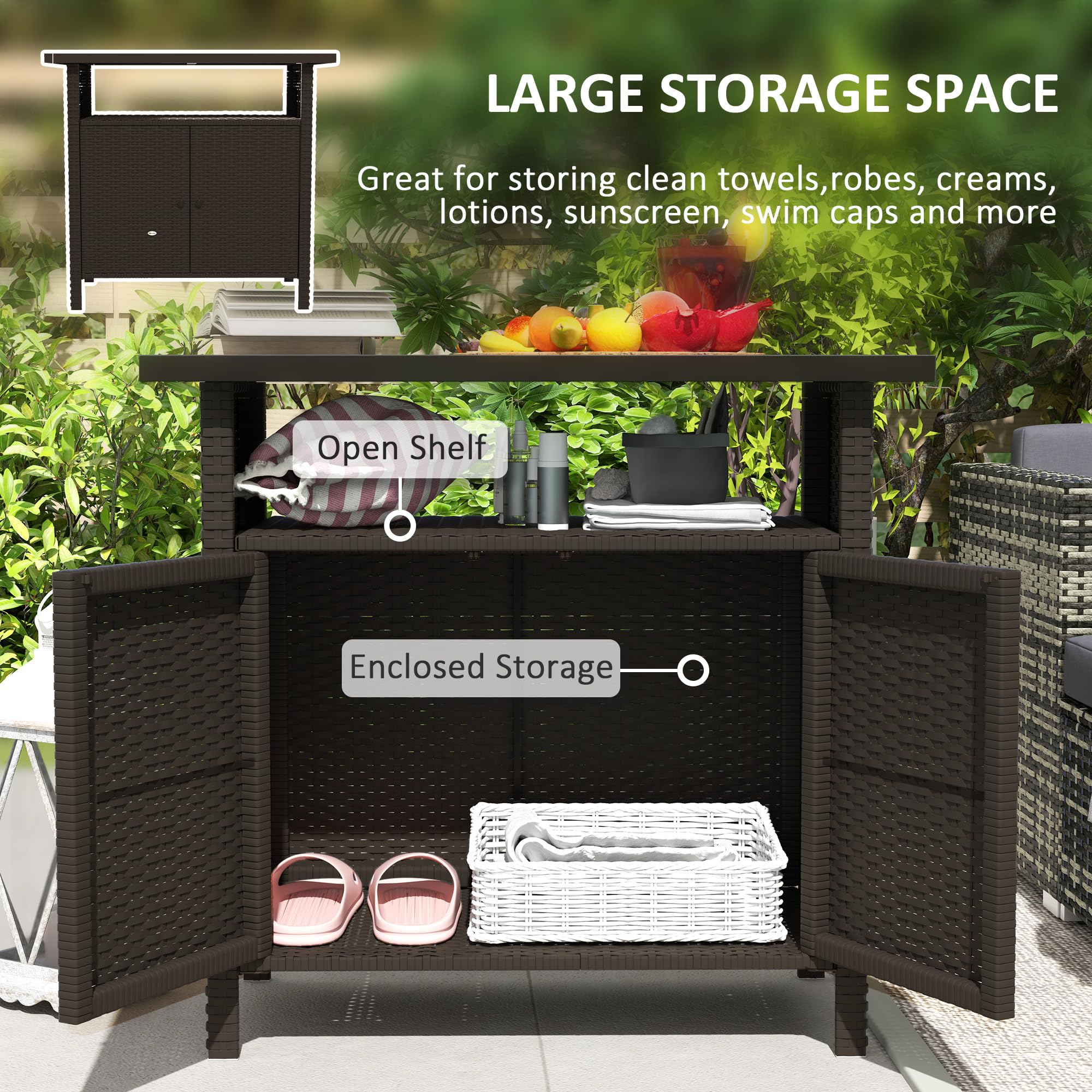 Outsunny Wicker Outdoor Storage Cabinet, Rattan Bar Table with 2 Doors and Shelf, Buffet Sideboard with Metal Slatted Countertop for Poolside, Patio, Backyard, Dark Coffee