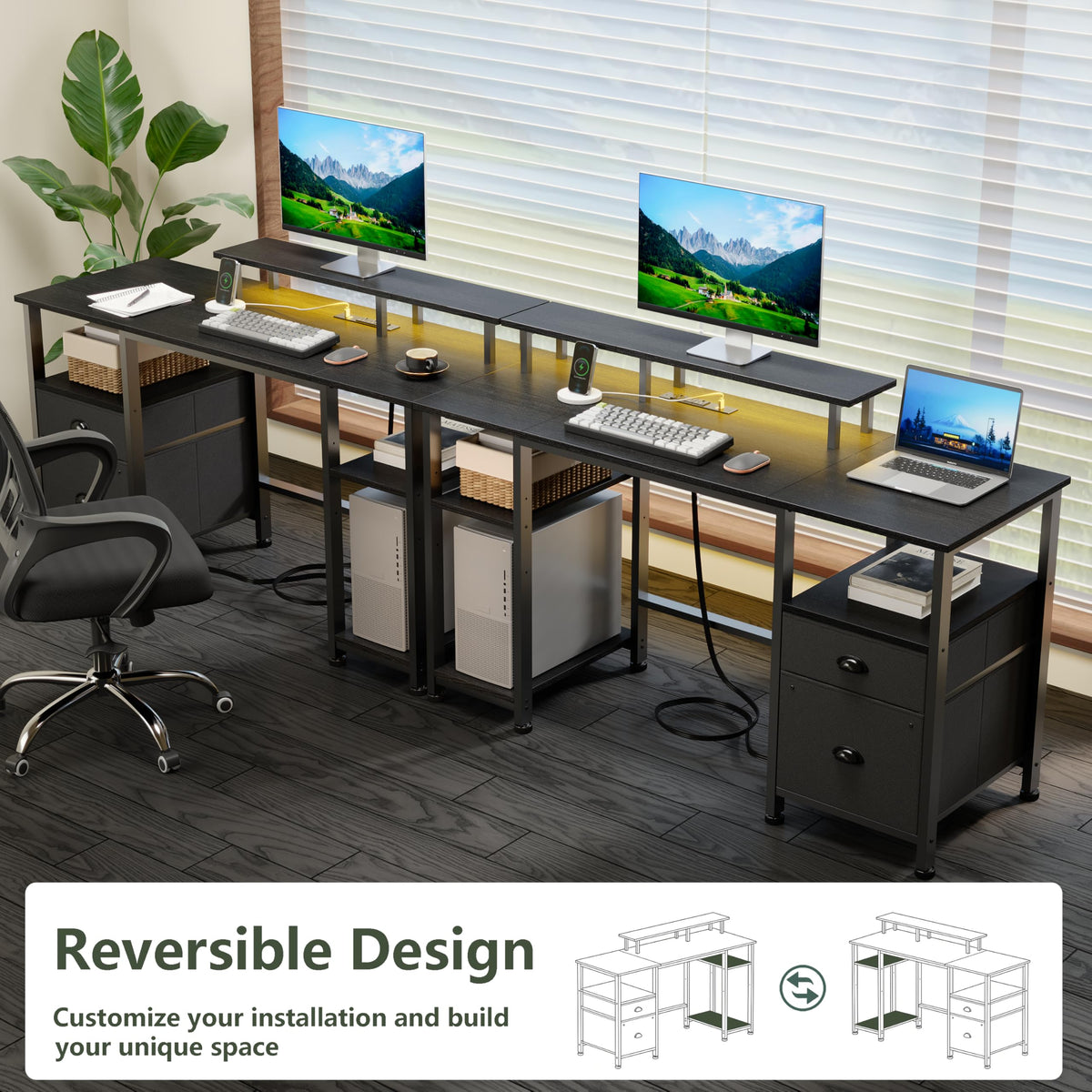 Furologee 51" Gaming Desk with Outlets & LED, Computer Office Desk, Black
