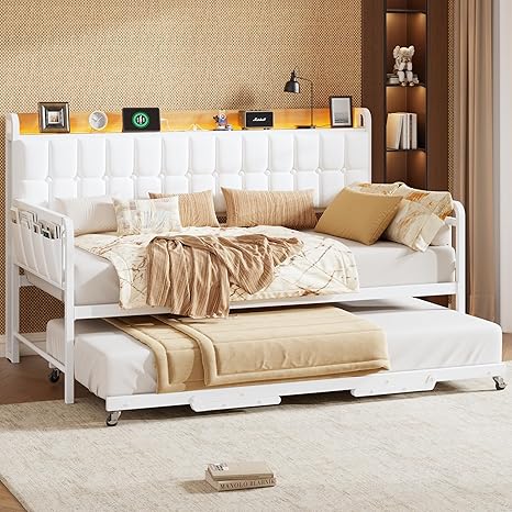 Twin Sofa Bed with Trundle, LED Light & Charging Station