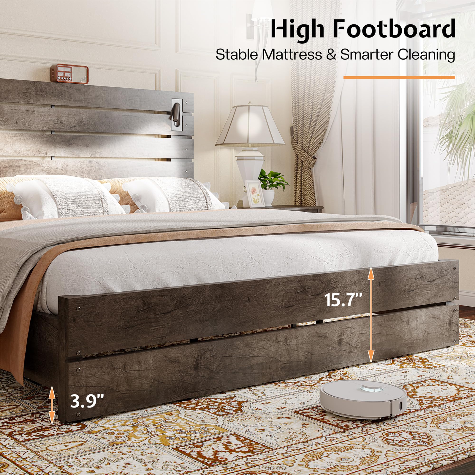 Jocisland King Size Farmhouse Bed Frame with 51" Barn Door Headboard, LED Reading Lights, Platform Bed Frame with Wood Slats, Under Bed Storage Space, Noisy Free, Easy Assembly, Rustic Gray