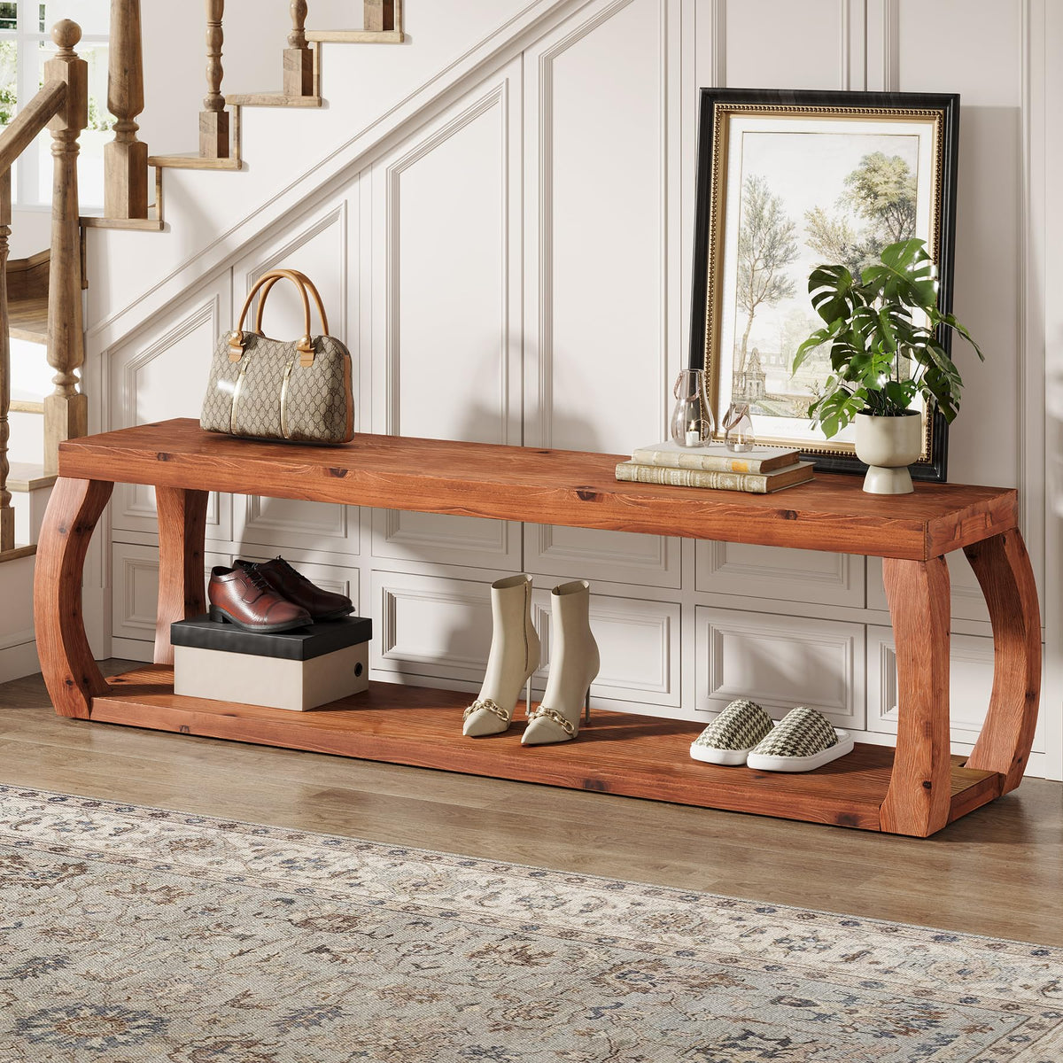 TRIBEWOOD 2-Tier Solid Wood Entryway Bench, 59" Long Farmhouse End of Bed Bench with Open Shelves, Rustic Shoe Storage Wooden Seating for Entry, Kitchen, Living Room, Bedroom, Hallway (Rustic Brown)