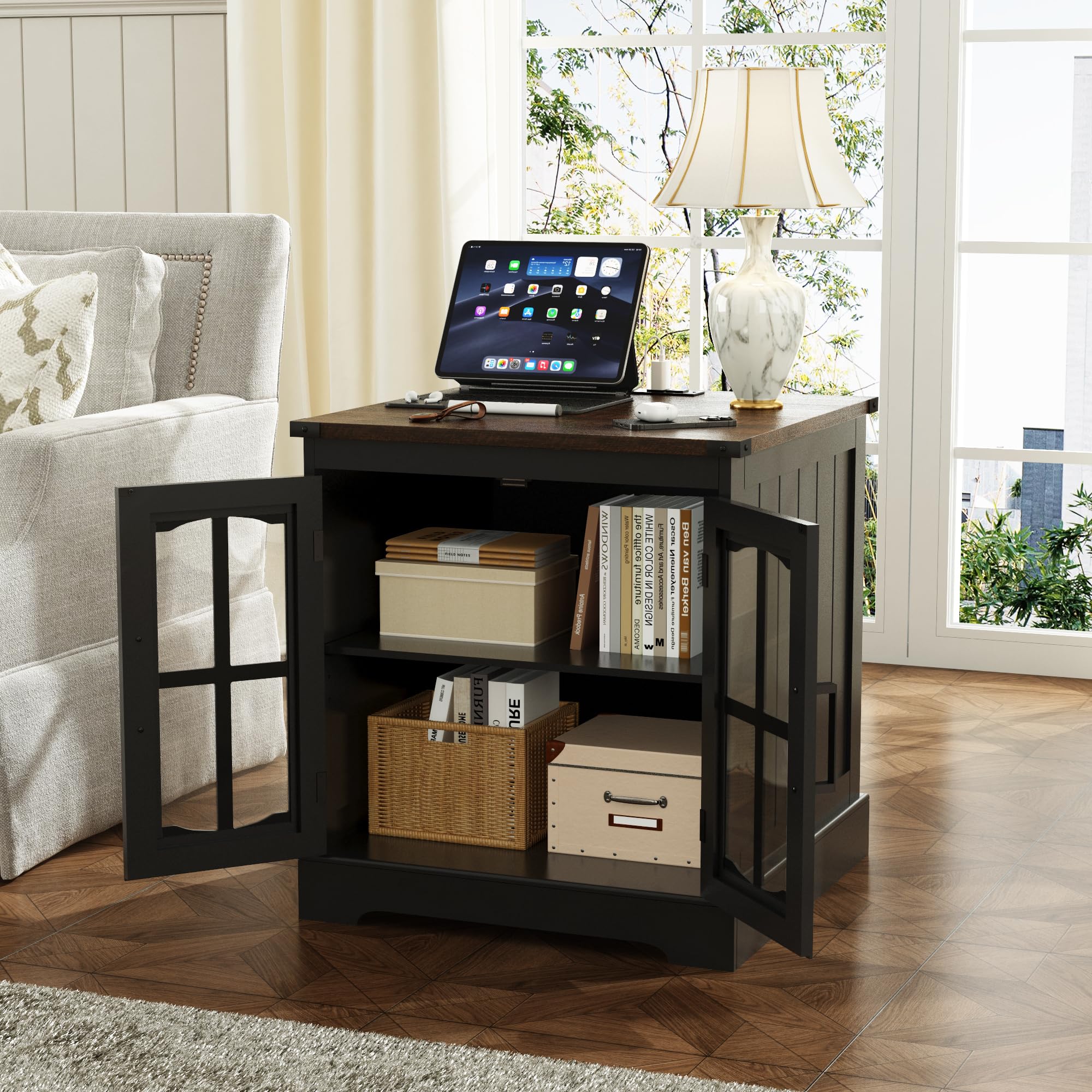 Rustic End Table with Charging Station & LED Light
