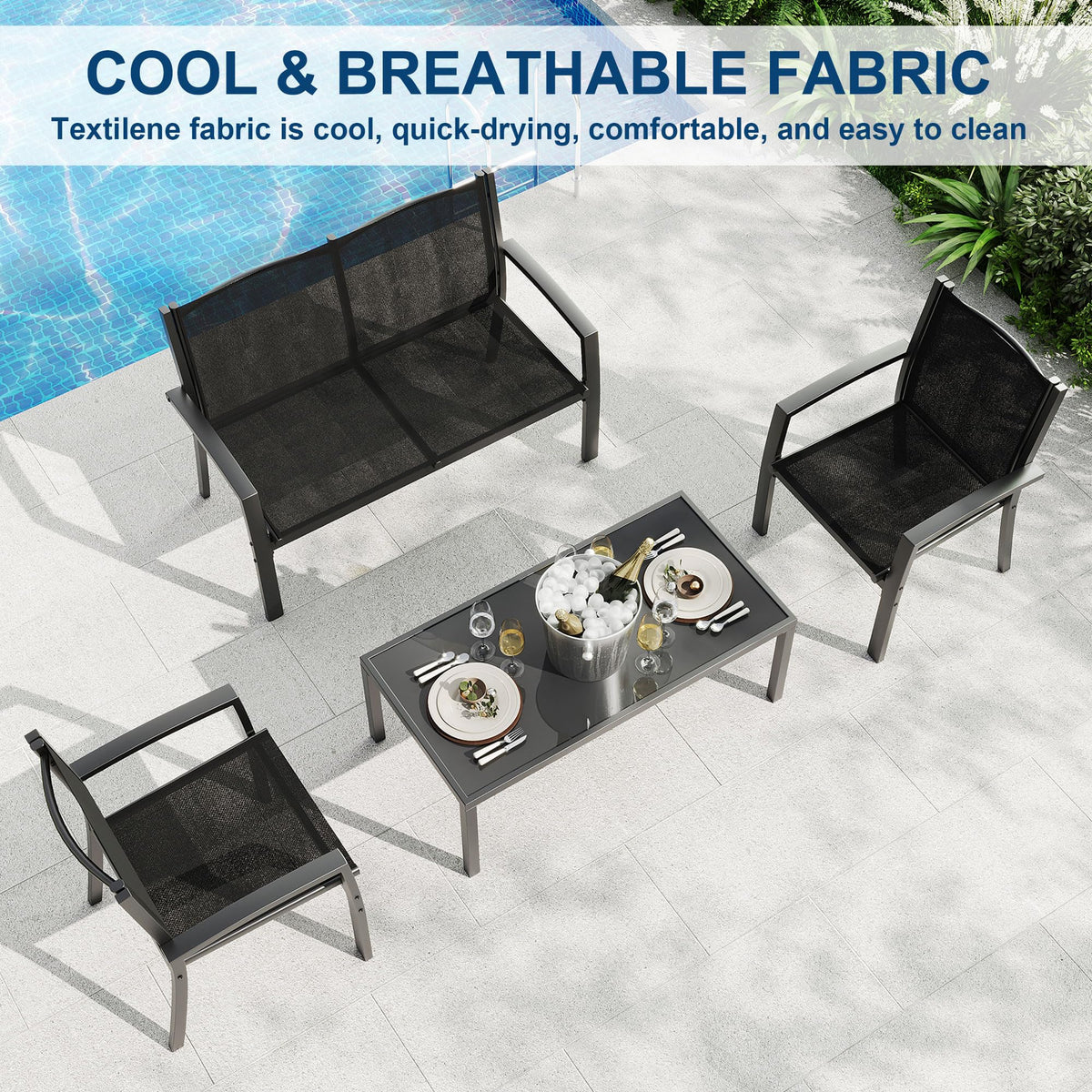 Garvee 4 Piece Patio Bistro Furniture Set, Outdoor Conversation Set with 3 Chairs, Loveseat & Glass Coffee Table, All-Weather Textilene Fabric & Steel Frame for Backyard, Poolside, Porch, Lawn - Black