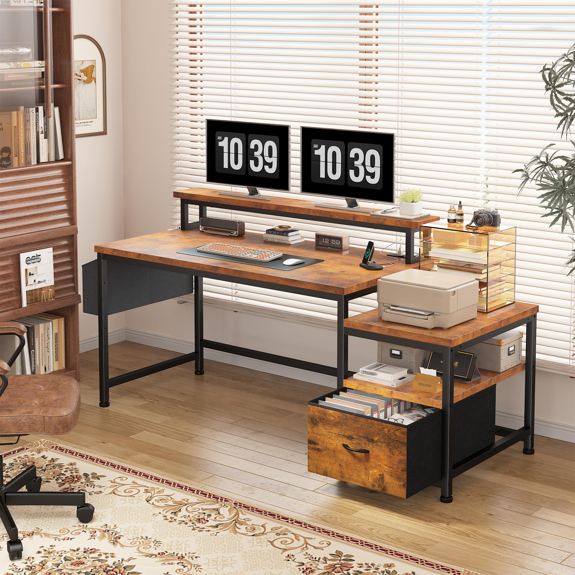 EnHomee 56.5" Office Desk with Drawers and Printer Space,Computer Desk with Power Outlets,Home Office Desks with File Drawers Cabinet,Study and Gaming Desk with Shelves Monitor Stand,Rustic Brown