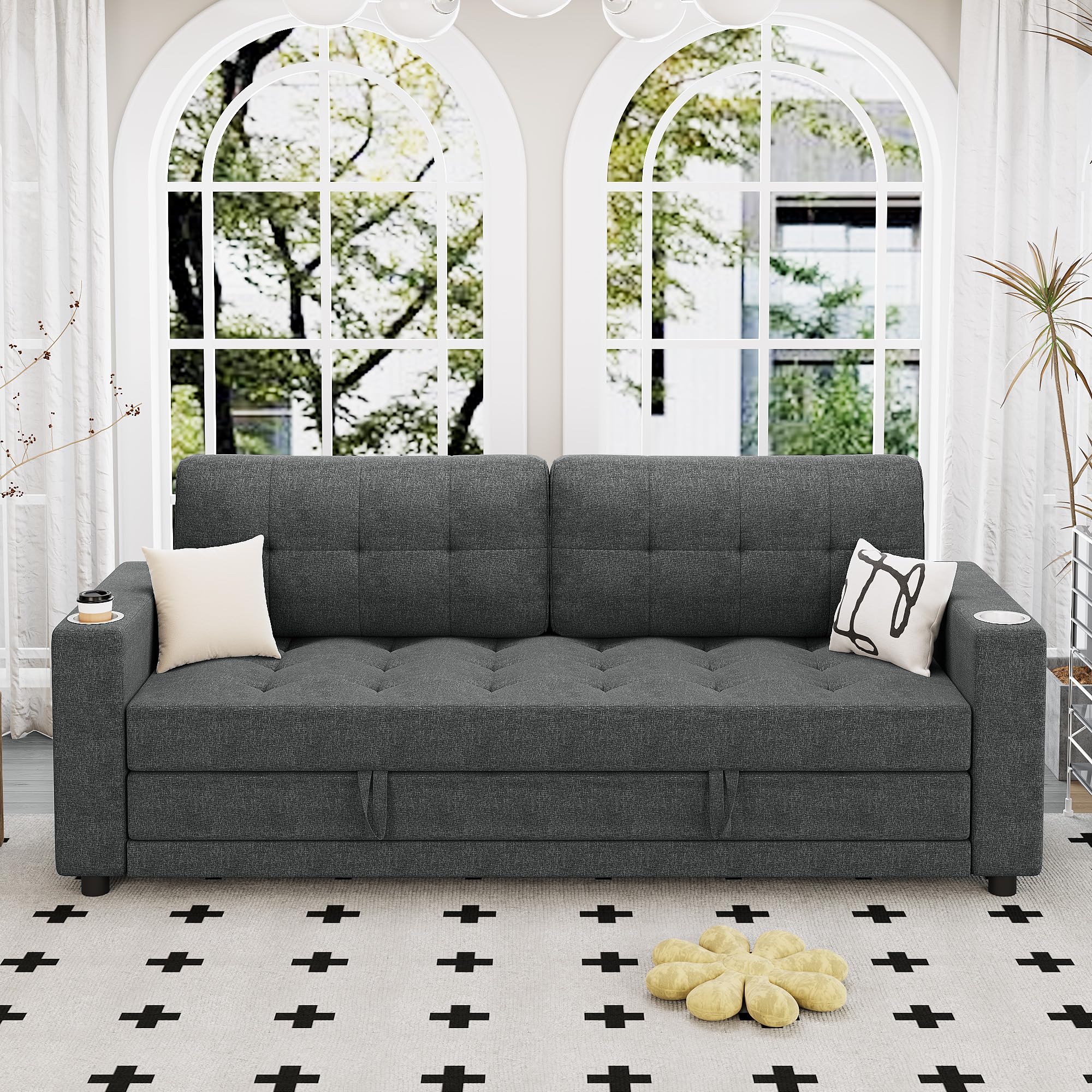HYZQ Upgraded Queen Size Futon Sofa Bed, 83" Thick Upholstery Loveseat Sleeper Sofa Pull Out Couch, Convertible Floor Couch for Bedroom/Living Room (Dark Grey)